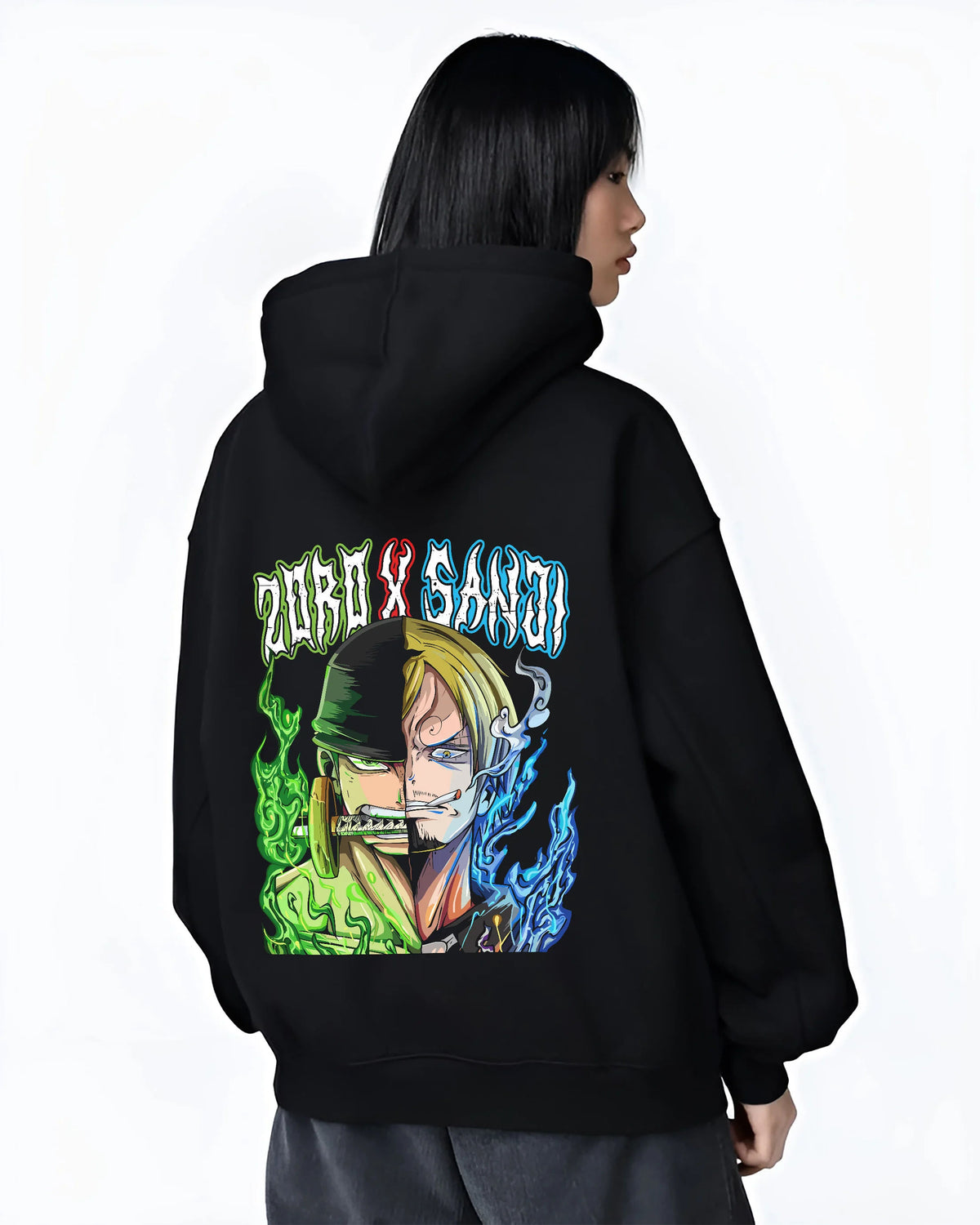 Black hoodie female model back view with Split-face Roronoa Zoro and Sanji from One Piece illustrated back graphic