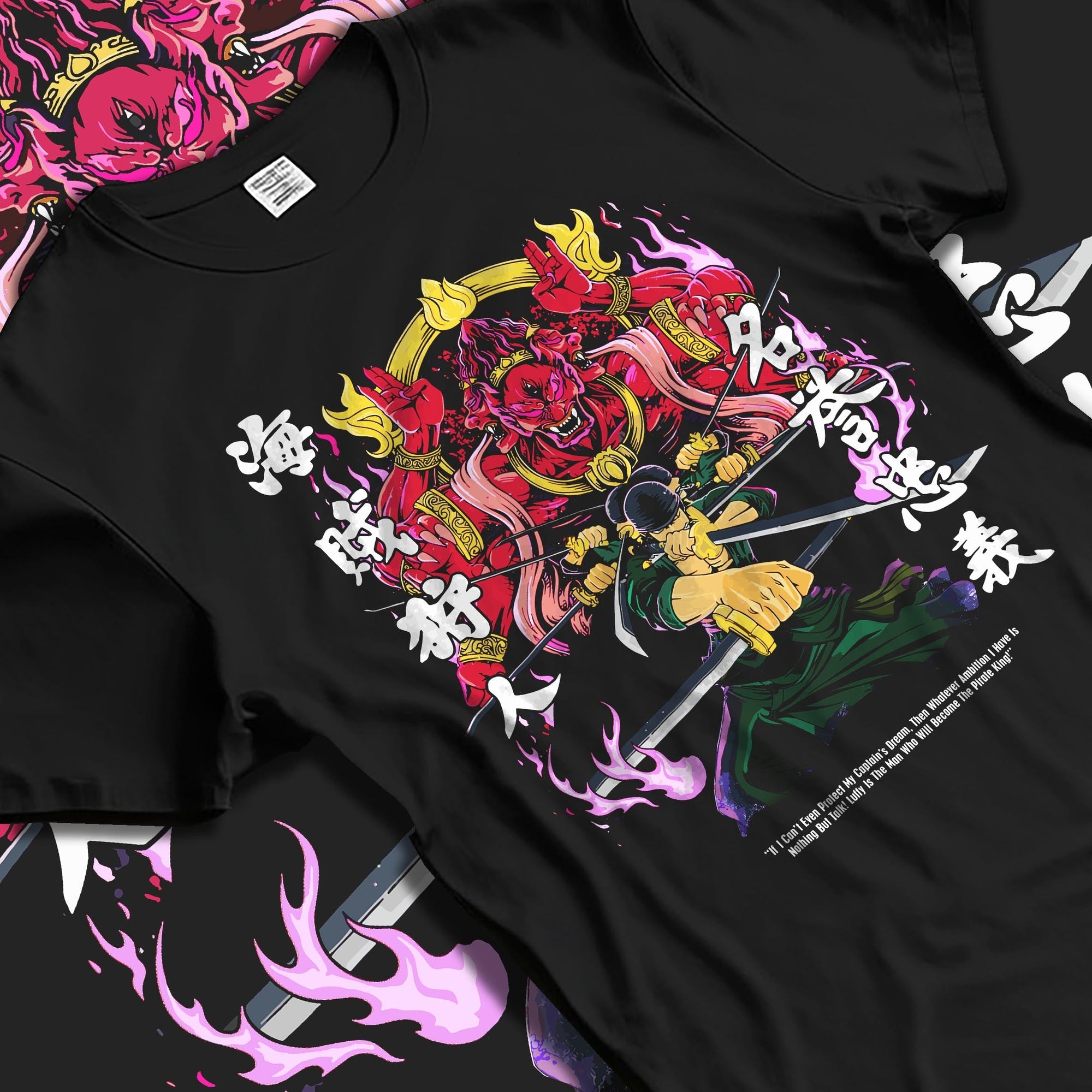Black T-shirt laid flat with natural fabric folds, featuring Zoro One Piece anime poster inspired swordsman stance design with bold manga streetwear artwork.