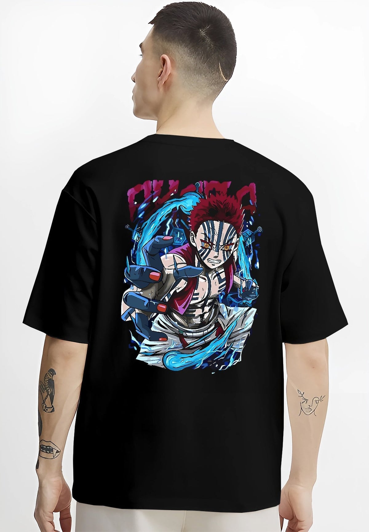 Black T-shirt worn by a male model, back view, featuring Akaza Demon Slayer anime poster inspired design with intense fighting stance and glowing energy wave details.