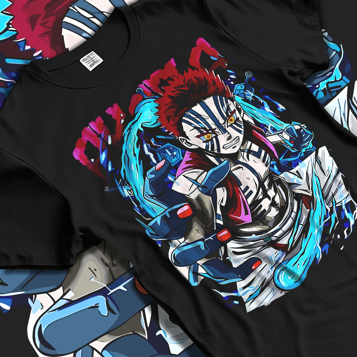 Black T-shirt laid flat with natural fabric folds, featuring Akaza Demon Slayer dark manga panel artwork with vivid blue neon aura and retro anime streetwear feel.