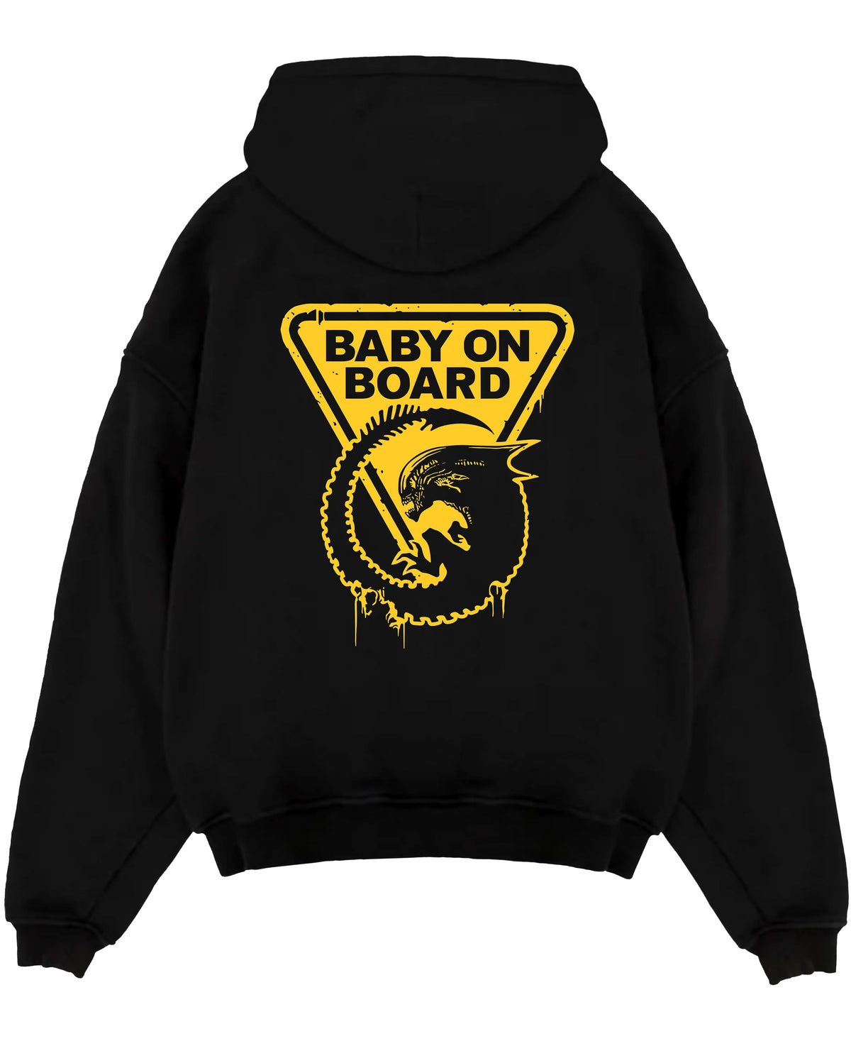 Black pullover hoodie laid flat on white, featuring Alien baby on board warning sign retro sci-fi graphic with dripping yellow ink.