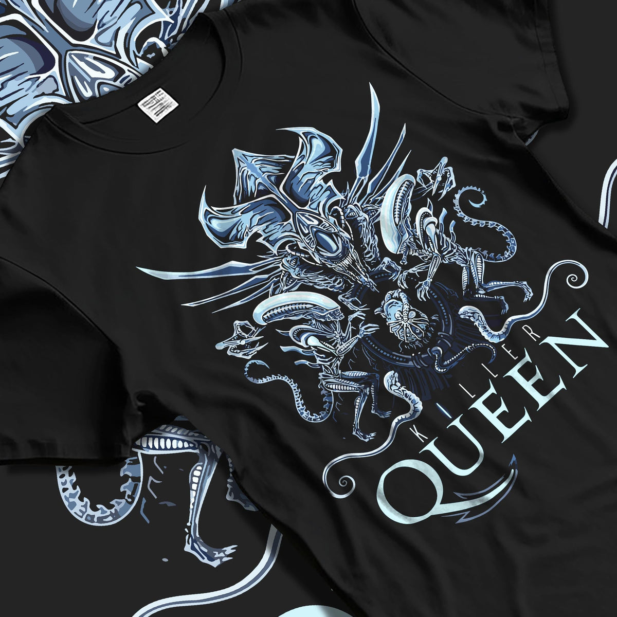 Black T-shirt laid flat with soft folds, featuring Alien Xenomorph Queen “Killer Queen” retro sci-fi design with intricate biomech elements.