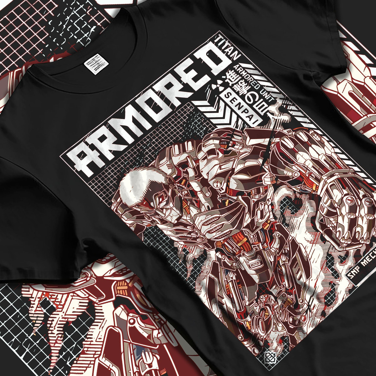 Black T-shirt laid flat with natural fabric folds, featuring Attack on Titan Armored Titan anime poster inspired artwork in gritty retro manga style with armored battle pose.