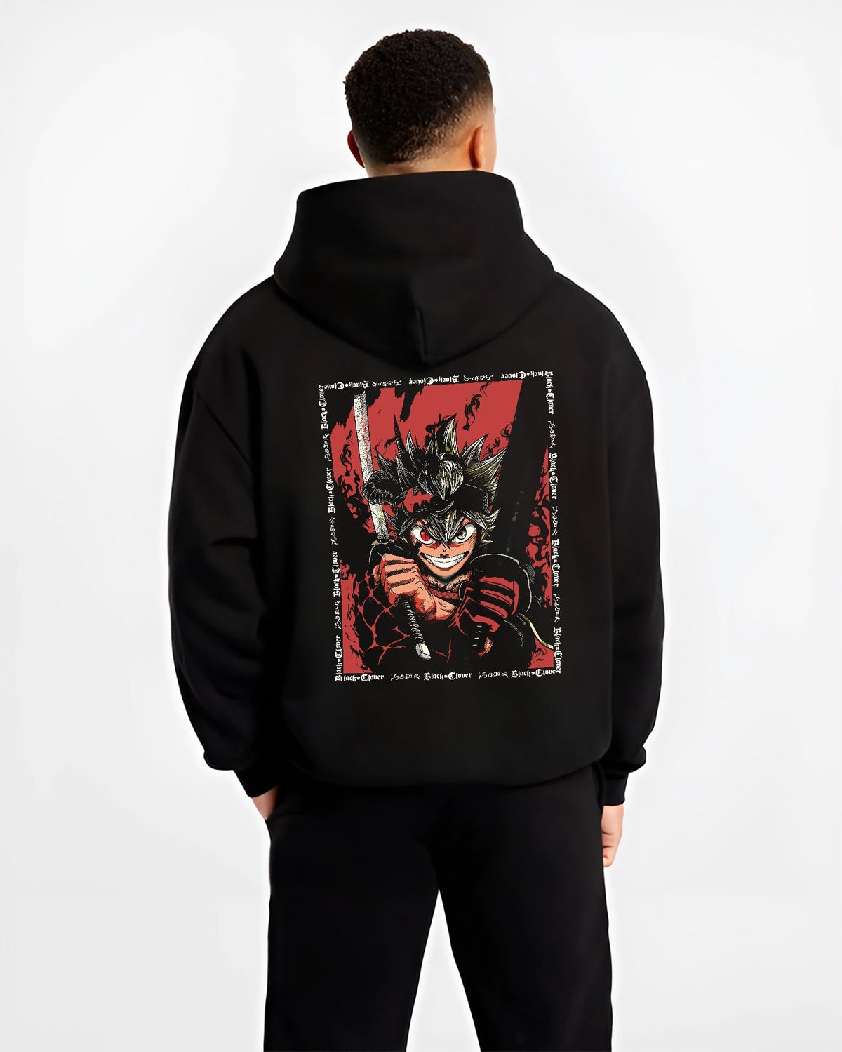Black hoodie worn by a male model, back view, featuring Asta Black Clover Japanese animation streetwear design with sword, demonic aura, and fiery red manga style.