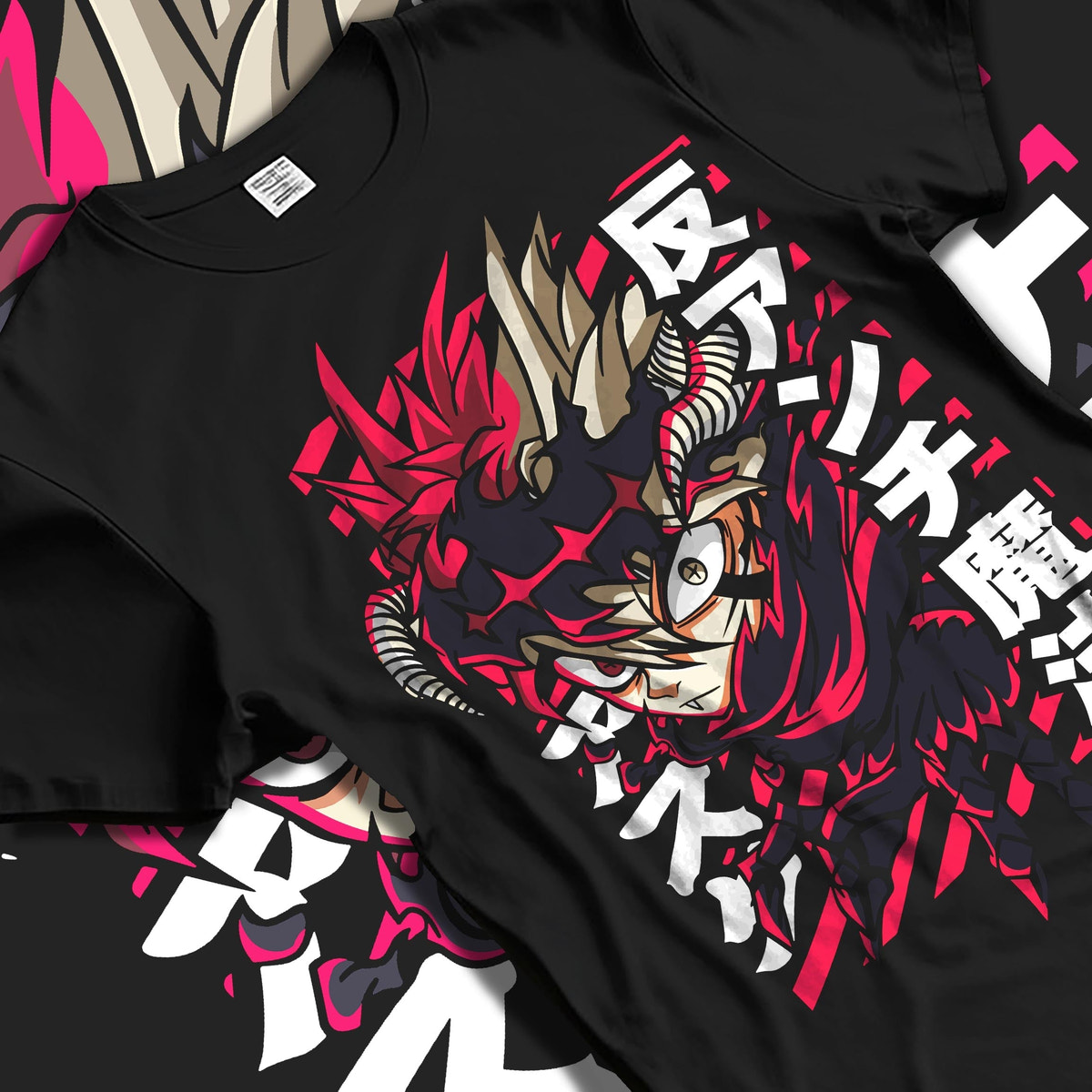 Black T-shirt laid flat with natural fabric folds, featuring Asta anti-magic anime poster inspired artwork in retro shonen manga graphic style.