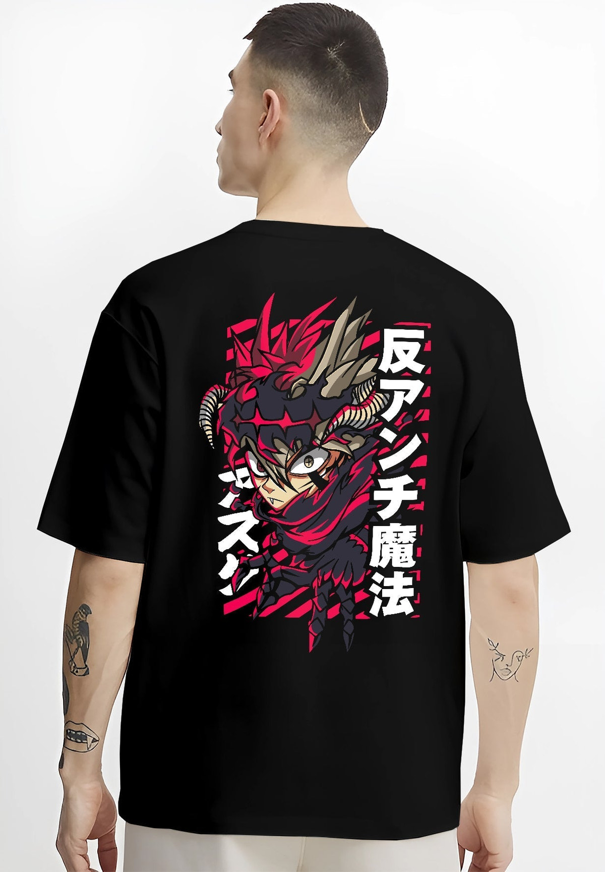 Black T-shirt worn by a male model, back view, featuring Asta anti-magic form retro manga graphic with sharp red and black anime aesthetic.