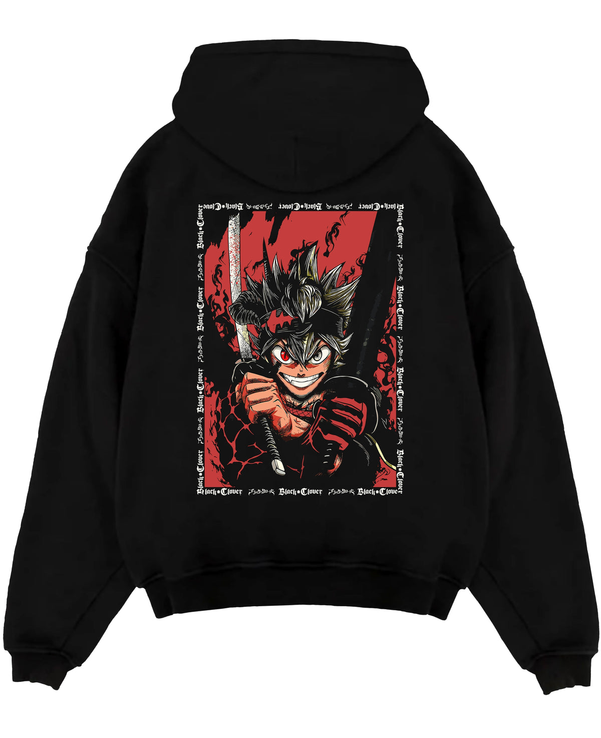 Black pullover hoodie laid flat on a white background, featuring Asta Black Clover anime poster inspired design with dark manga artwork and fiery red tones.