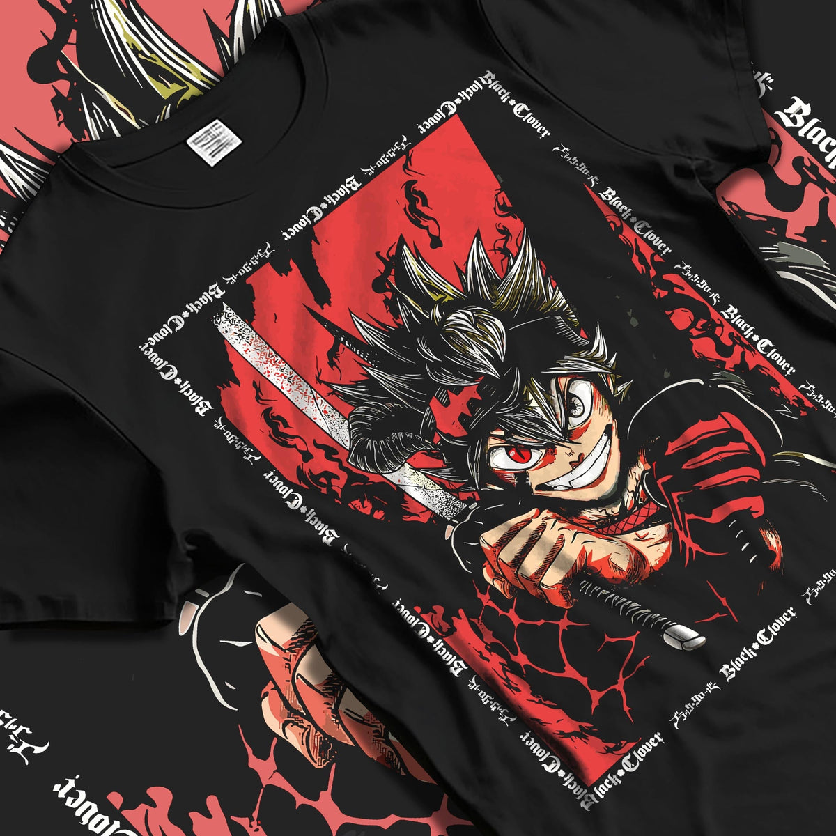 Black T-shirt laid flat with natural fabric folds, featuring Asta Black Clover dark manga panel artwork with sword, bold red tones, and retro anime styling