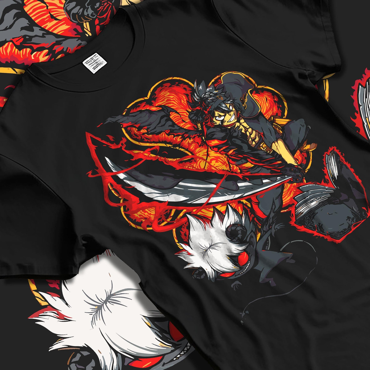 Black T-shirt laid flat with natural fabric folds, featuring Black Clover Asta anime poster inspired artwork with demonic aura and bold retro manga battle detail.