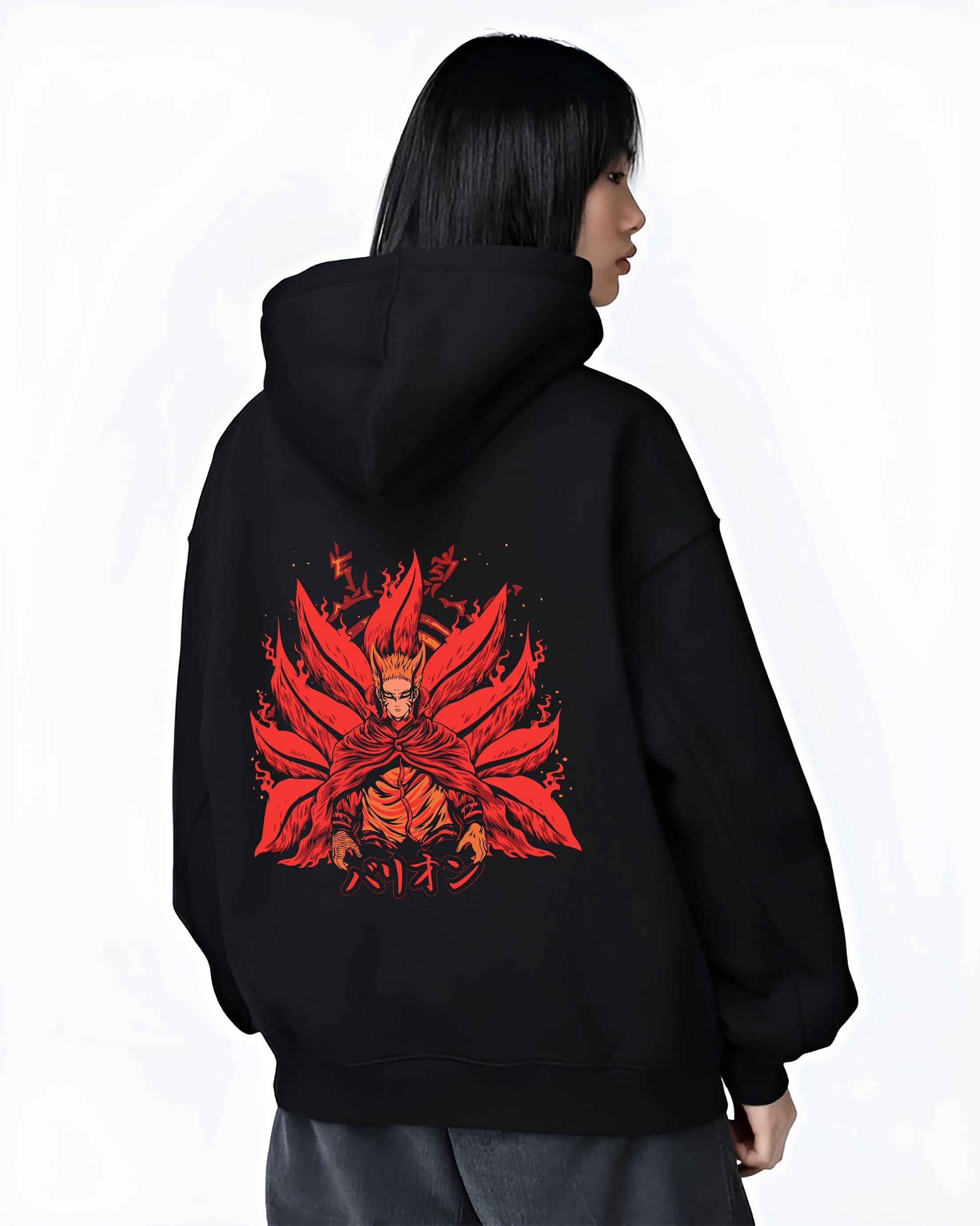 Black T-shirt worn by a male model, back view, featuring Naruto Baryon Mode Japanese animation streetwear graphic with fiery retro manga artwork in red tones.