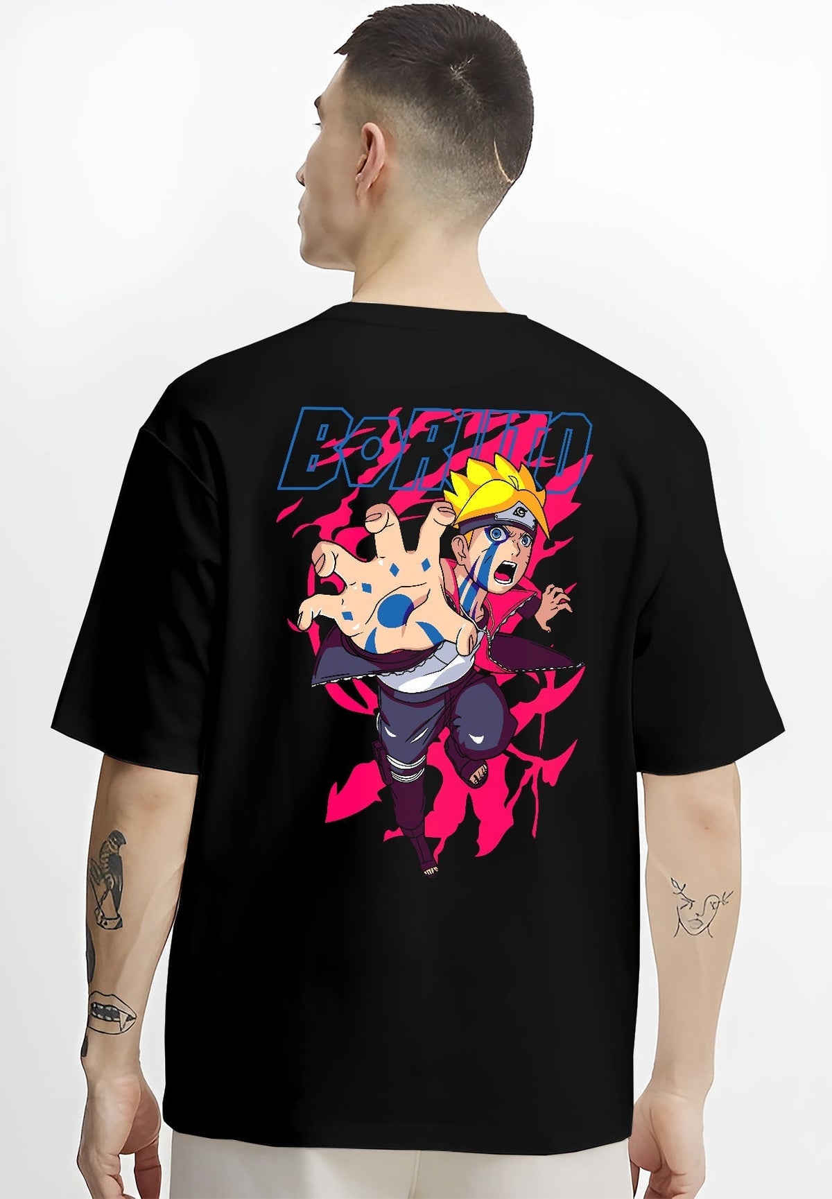 Black T-shirt on male model, back view, featuring Boruto retro manga graphic with blue Karma energy and bold neon pink aura.