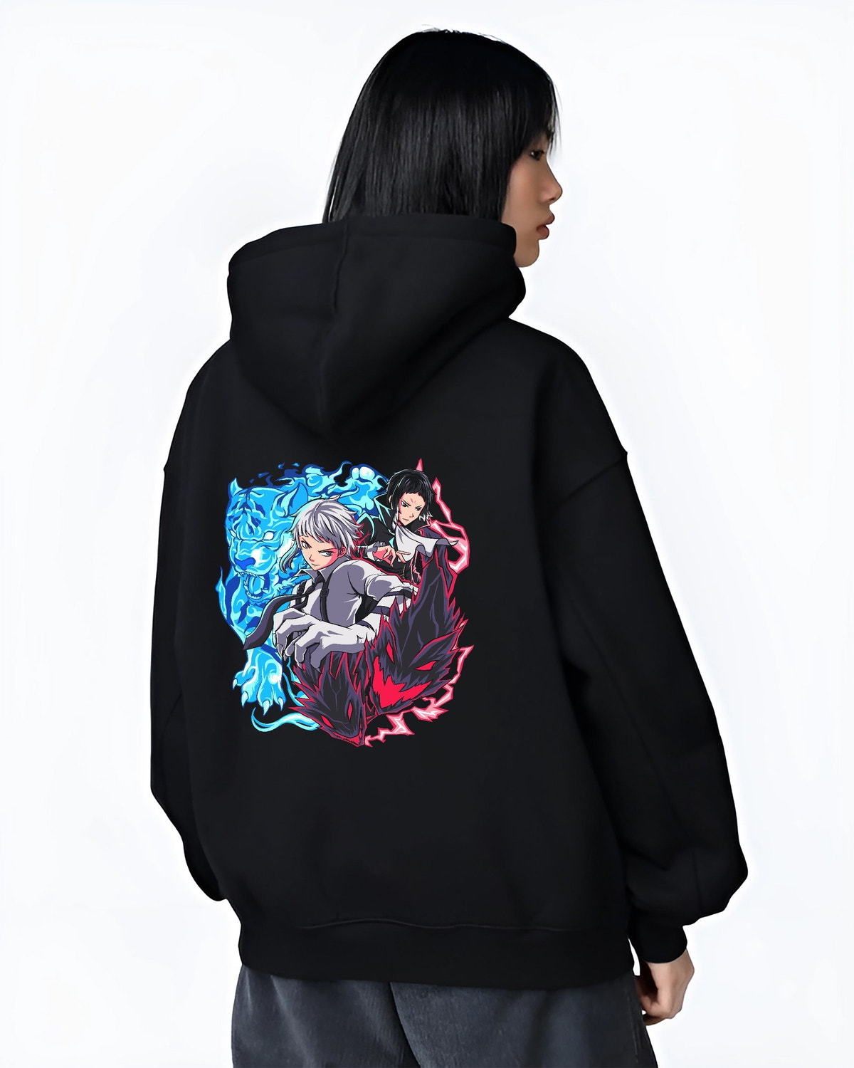 Black hoodie on female model, back view, Bungo Stray Dogs duo retro manga artwork with blue tiger aura and red shadow.