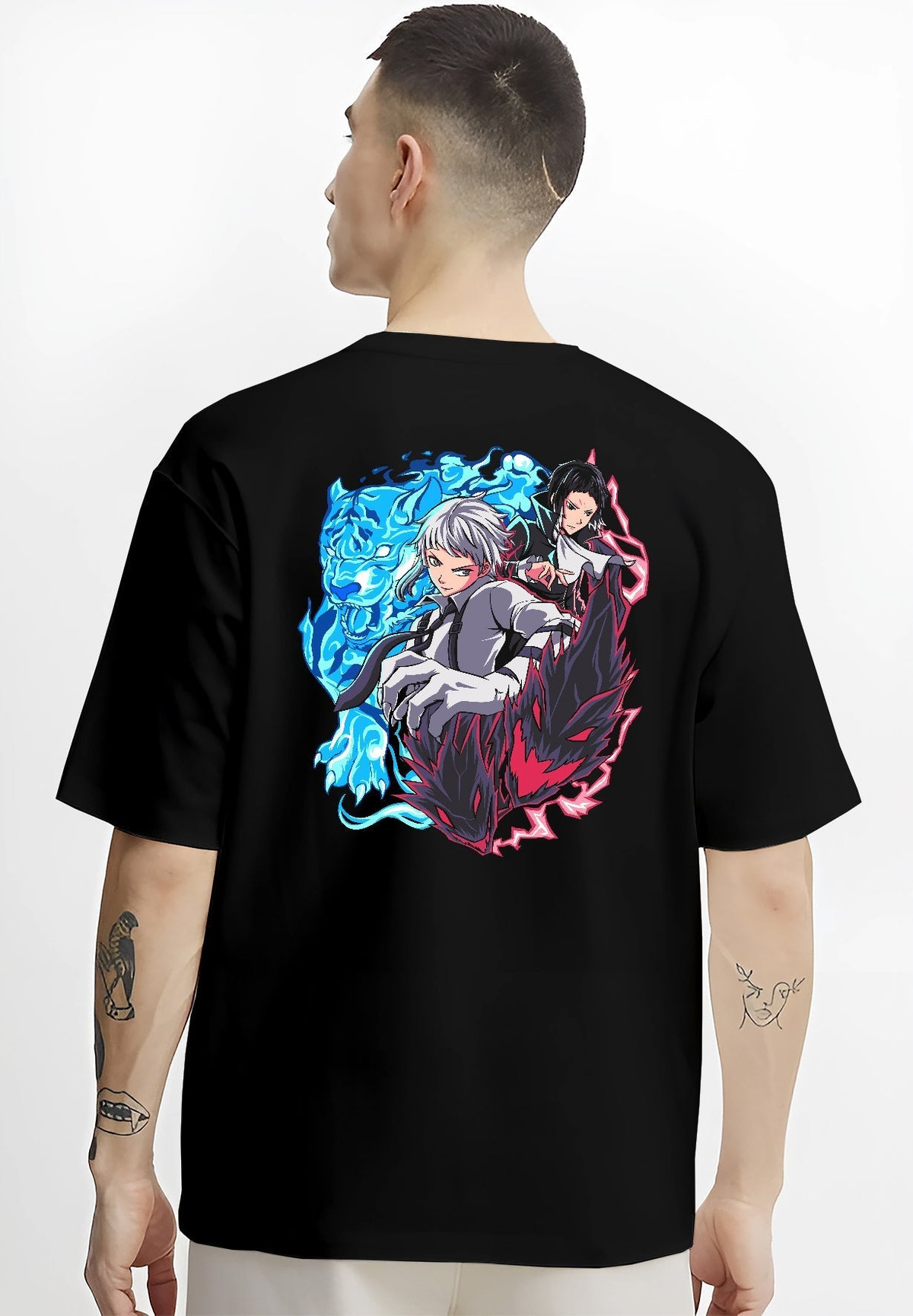 Black T-shirt on male model, back view, Atsushi and Akutagawa anime poster graphic with blue tiger and red shadow energy.