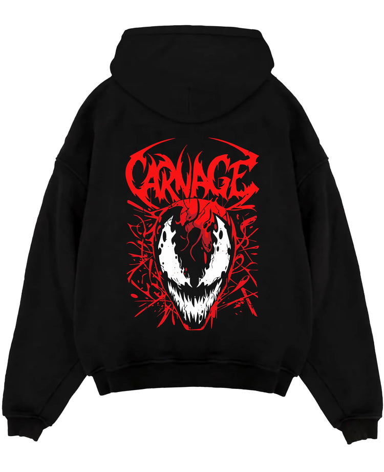 Black pullover hoodie laid flat on white, featuring Carnage comic villain mask with red symbiote tendrils and bold graffiti title.