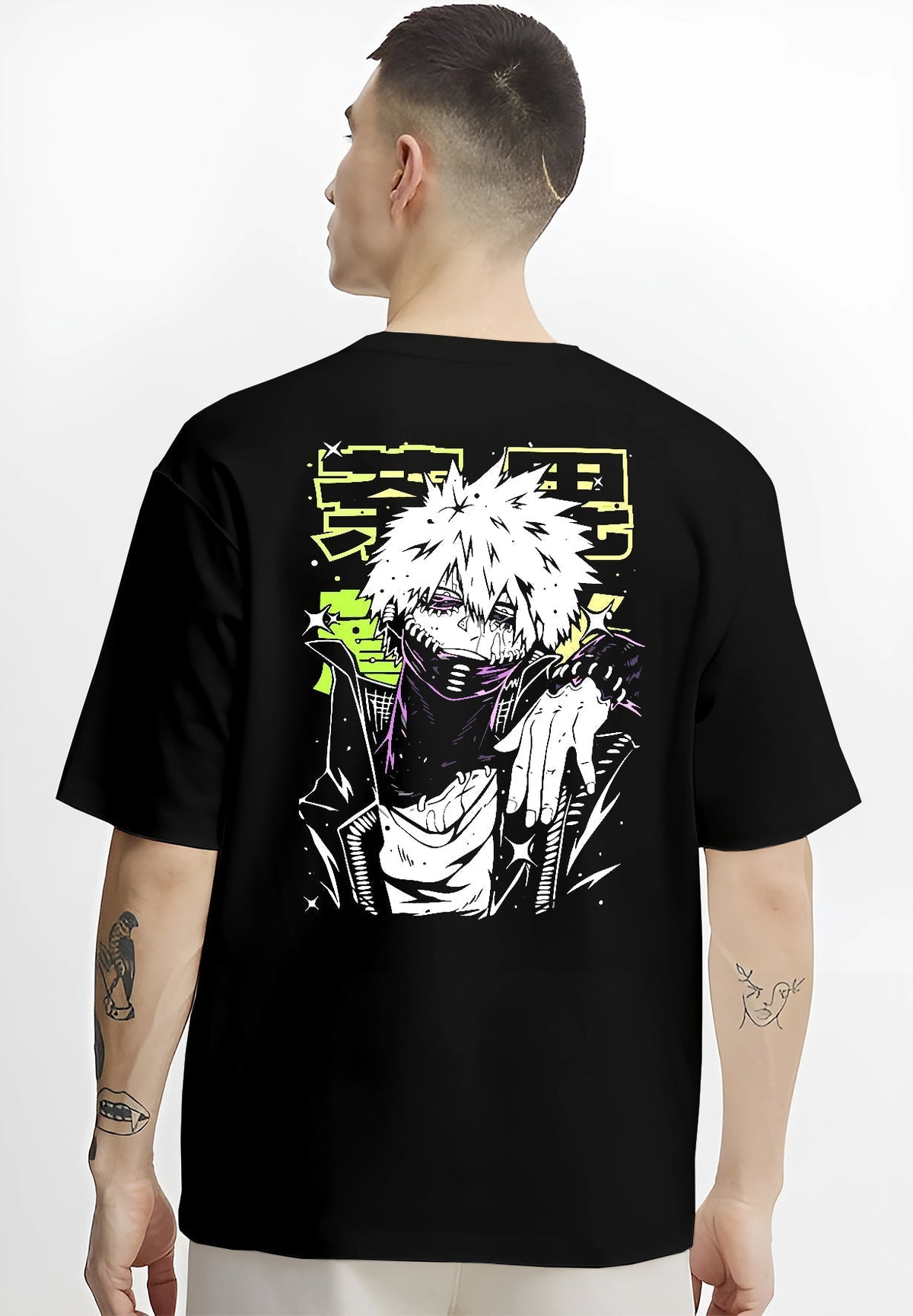 Black T-shirt worn by a male model, back view, featuring Dabi My Hero Academia anime poster inspired villain artwork with neon glow details in retro manga style.