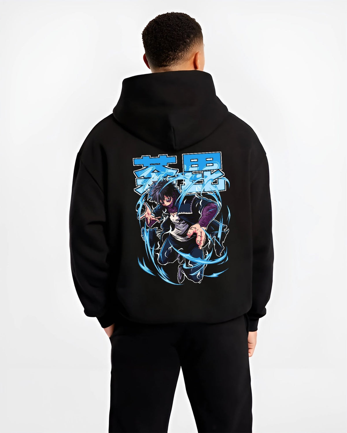 Black hoodie worn by a male model, back view, featuring Dabi My Hero Academia Japanese animation streetwear graphic with glowing blue flames and shonen battle stance.