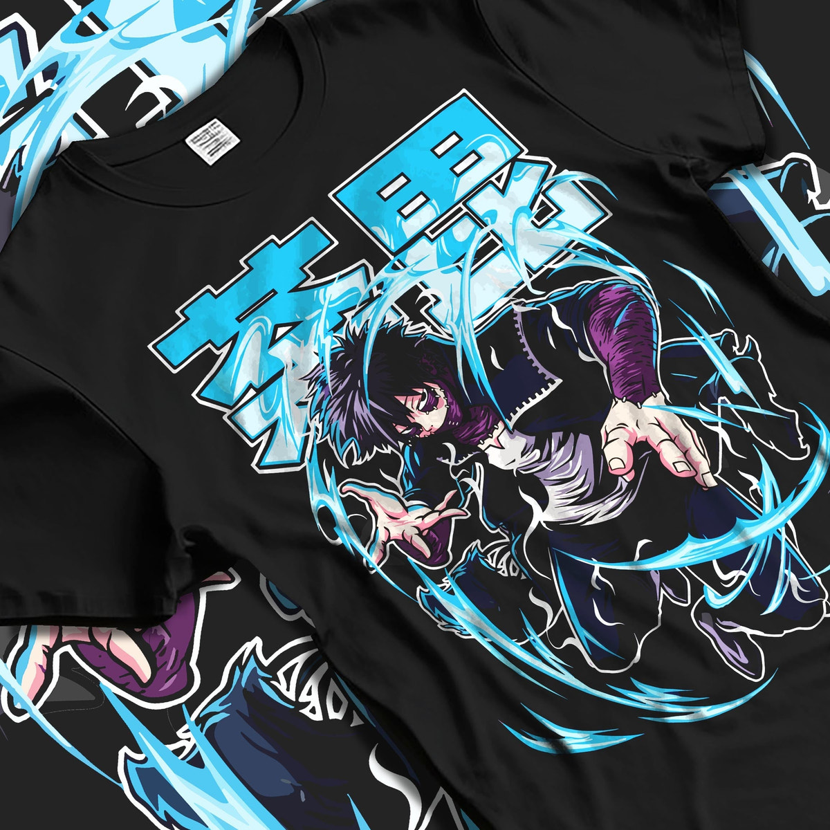 Black T-shirt laid flat with natural fabric folds, featuring Dabi My Hero Academia retro manga panel artwork with bright energy flames in Japanese anime streetwear.