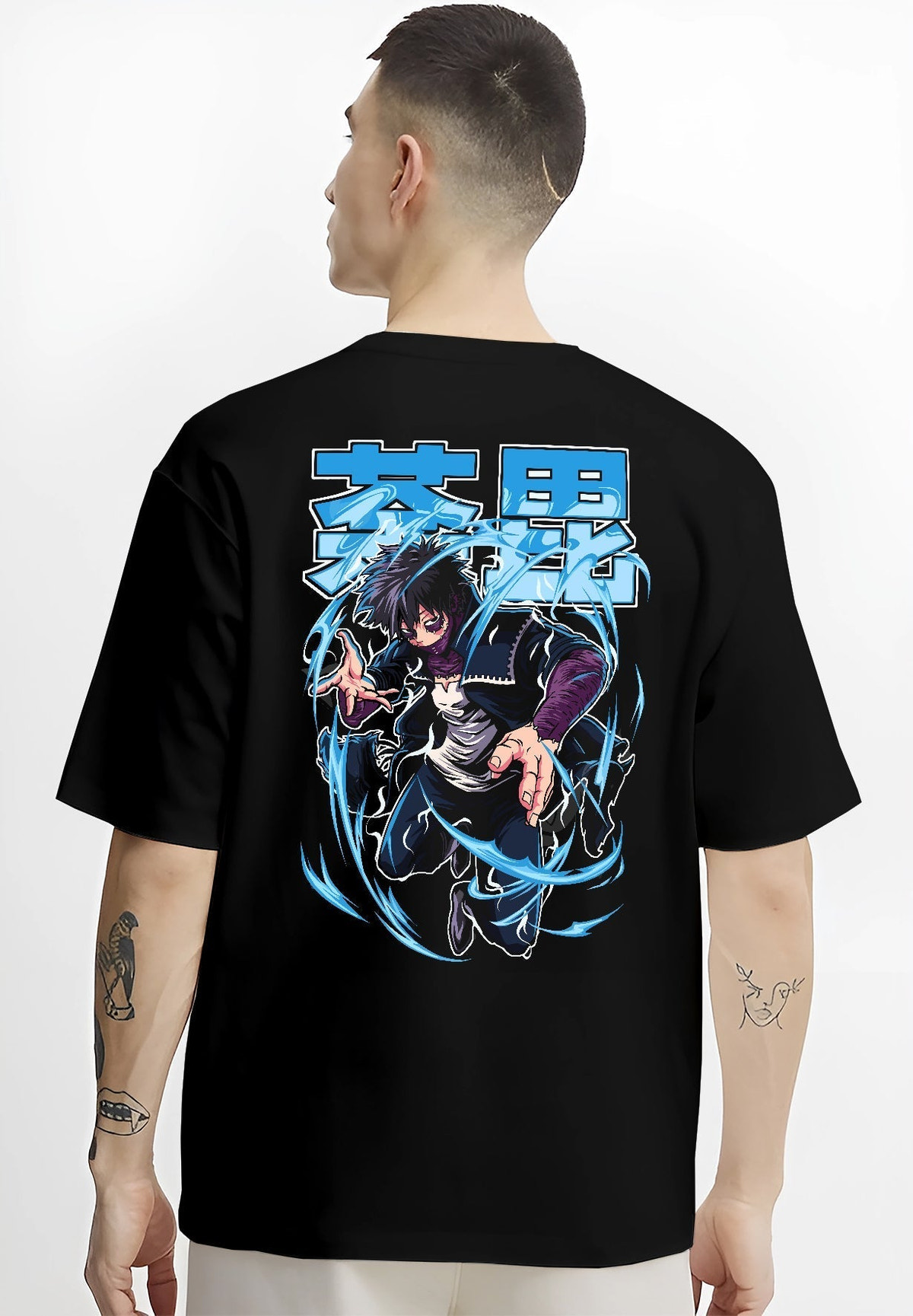 Black T-shirt worn by a male model, back view, featuring Dabi My Hero Academia anime poster inspired design with intense blue flame aura in manga battle artwork.