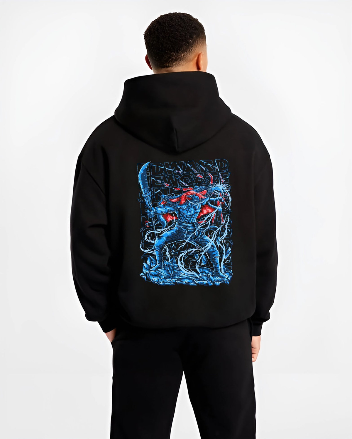 Black hoodie on male model, back view, Edward Newgate shonen battle graphic with quake effects, blue render and striking red cape.