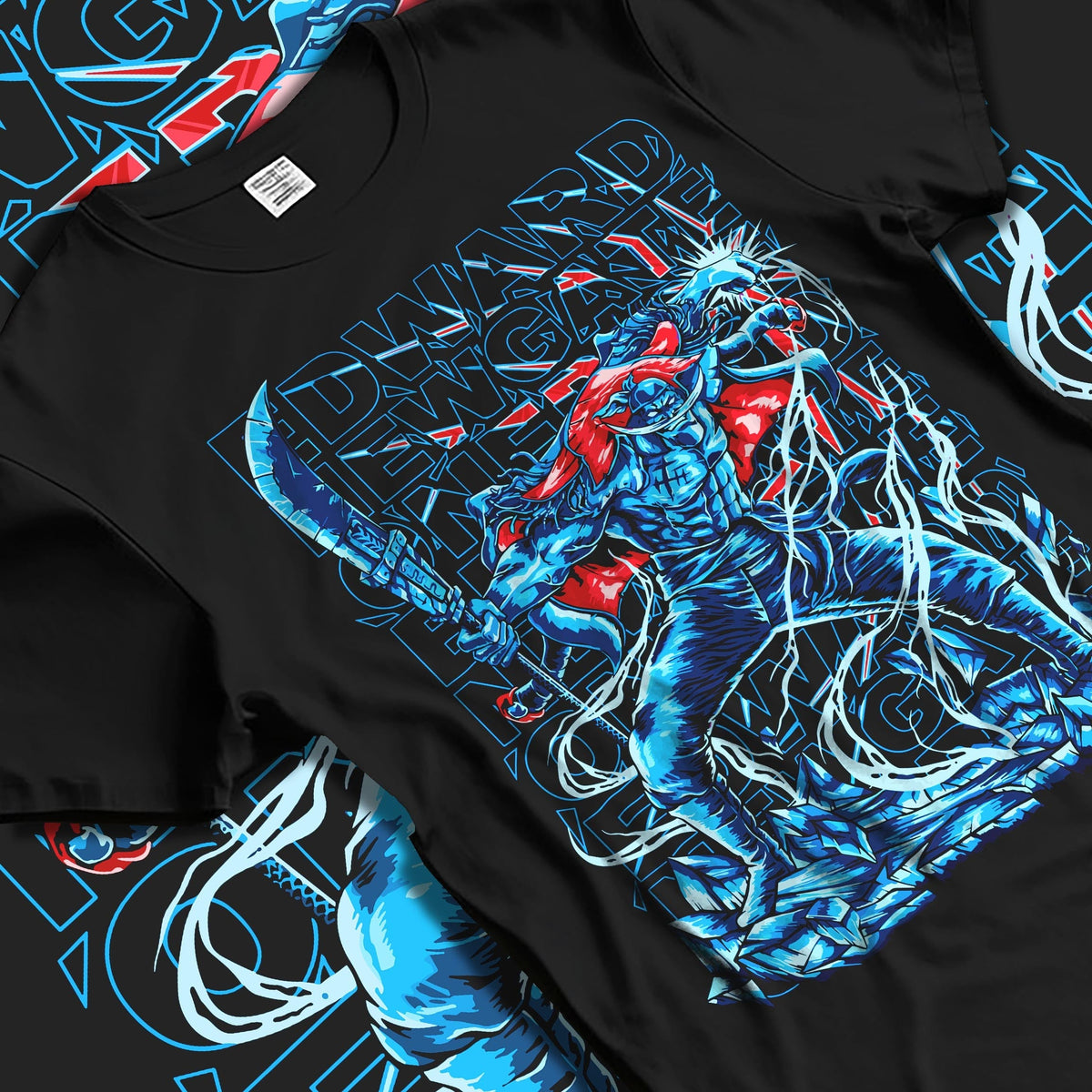 Black T-shirt laid flat with soft folds, featuring Edward Newgate retro streetwear graphic in blue with red cape accents.