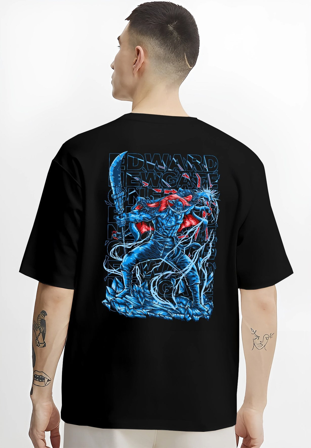 Black T-shirt on male model, back view, Edward Newgate anime poster graphic with blue highlights, red cape and cracked base.