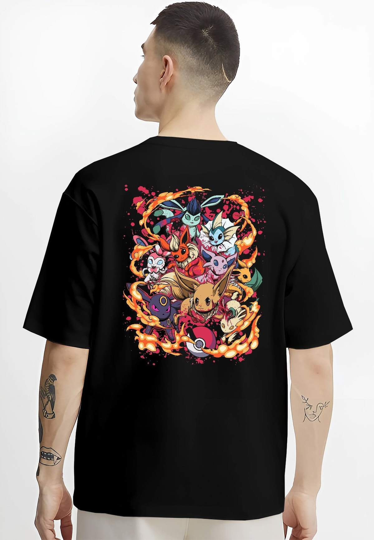 Black T-shirt on male model, back view, Eevee evolutions poster design with bold flame frame and pixel-style highlights.