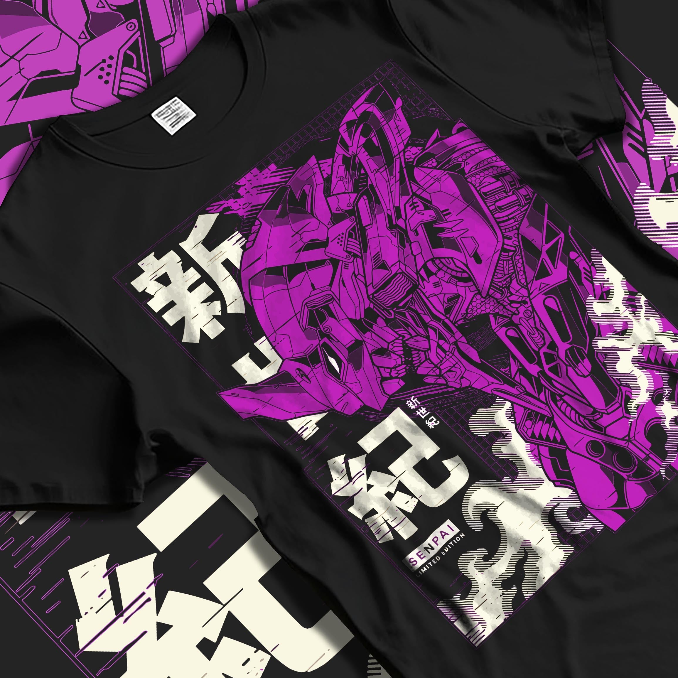 Black T-shirt laid flat with natural folds, featuring Neon Genesis Evangelion Unit-01 retro manga graphic, purple mecha lines and Japanese text.
