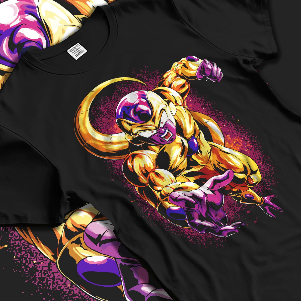 Black T-shirt laid flat with natural fabric folds, featuring Frieza Golden Form Dragon Ball Z anime poster inspired artwork with glowing aura and striking battle stance.