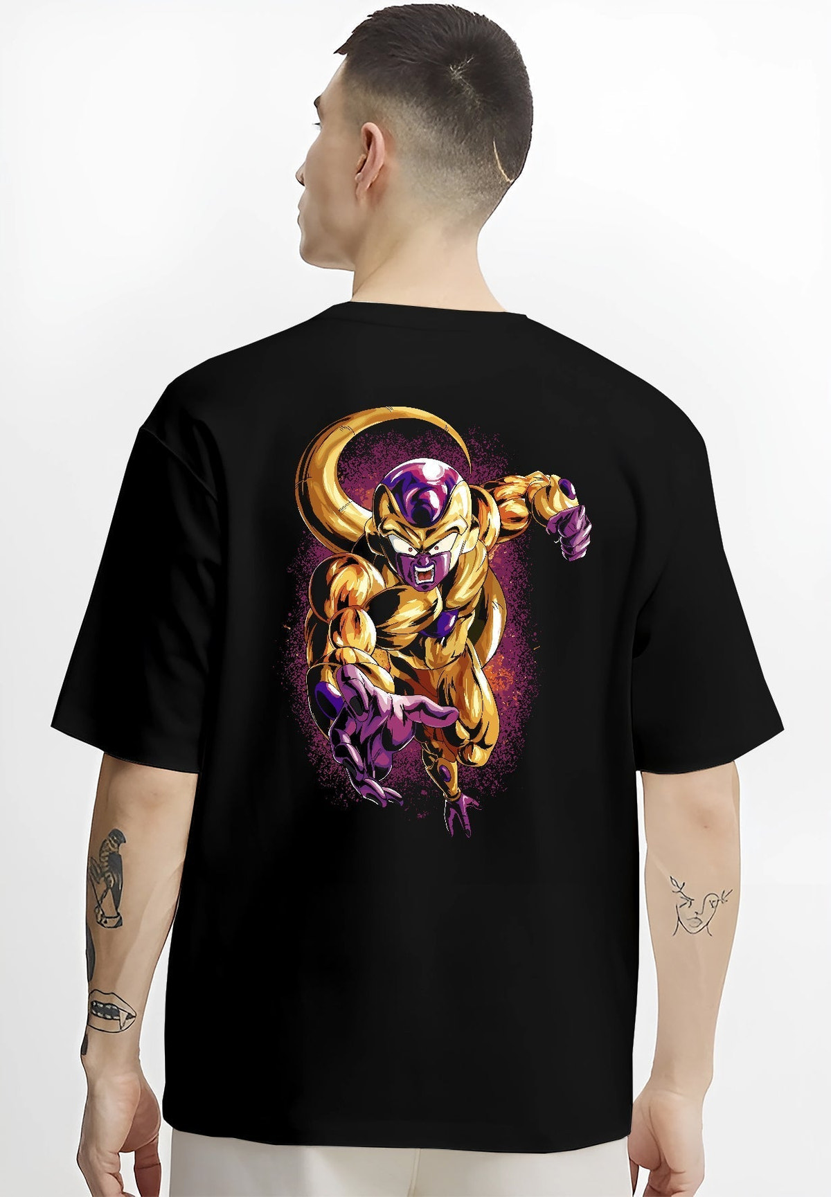 Black T-shirt worn by a male model, back view, featuring Frieza Golden Form Dragon Ball Z Japanese animation graphic with glowing purple aura and shonen battle pose.