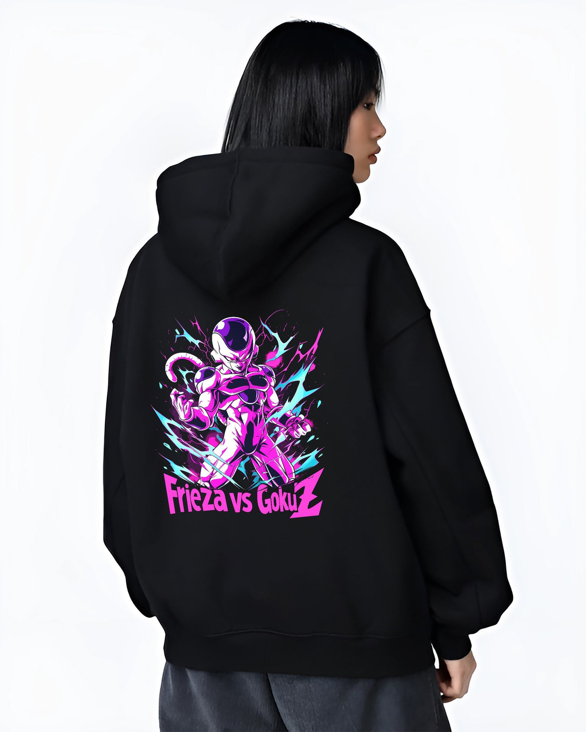 Black hoodie worn by a female model, back view, featuring Frieza Dragon Ball Z retro anime graphic with electric purple aura and bold villain stance design.