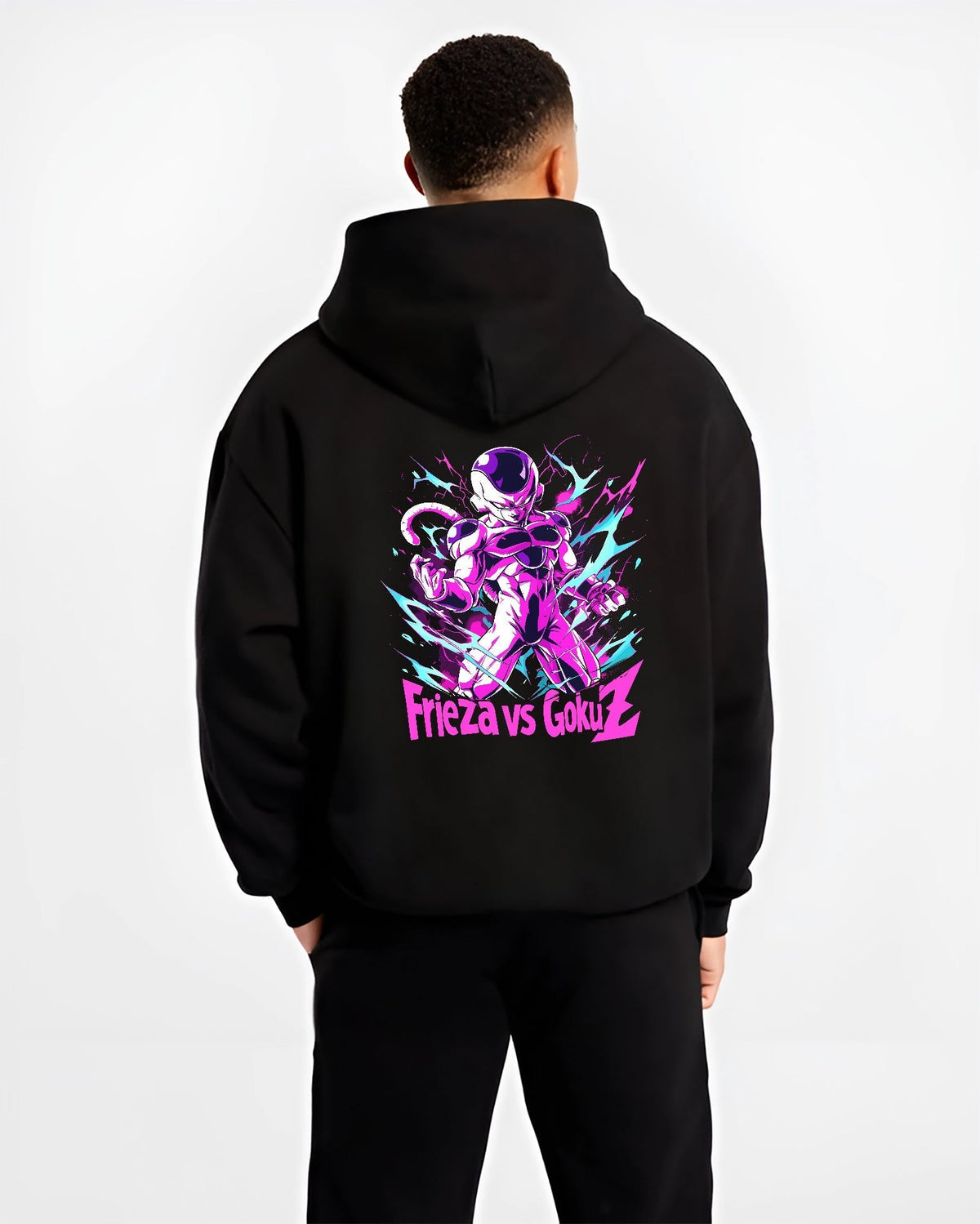 Black hoodie worn by a male model, back view, featuring Frieza Dragon Ball Z Japanese animation streetwear design with neon aura and retro manga artwork.