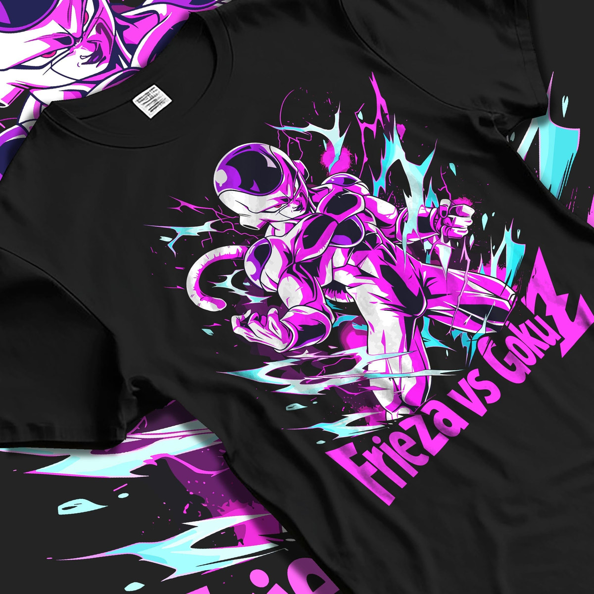 Black T-shirt laid flat with natural fabric folds, featuring Frieza Dragon Ball Z retro manga inspired design with bright aura and bold shonen battle villain artwork.