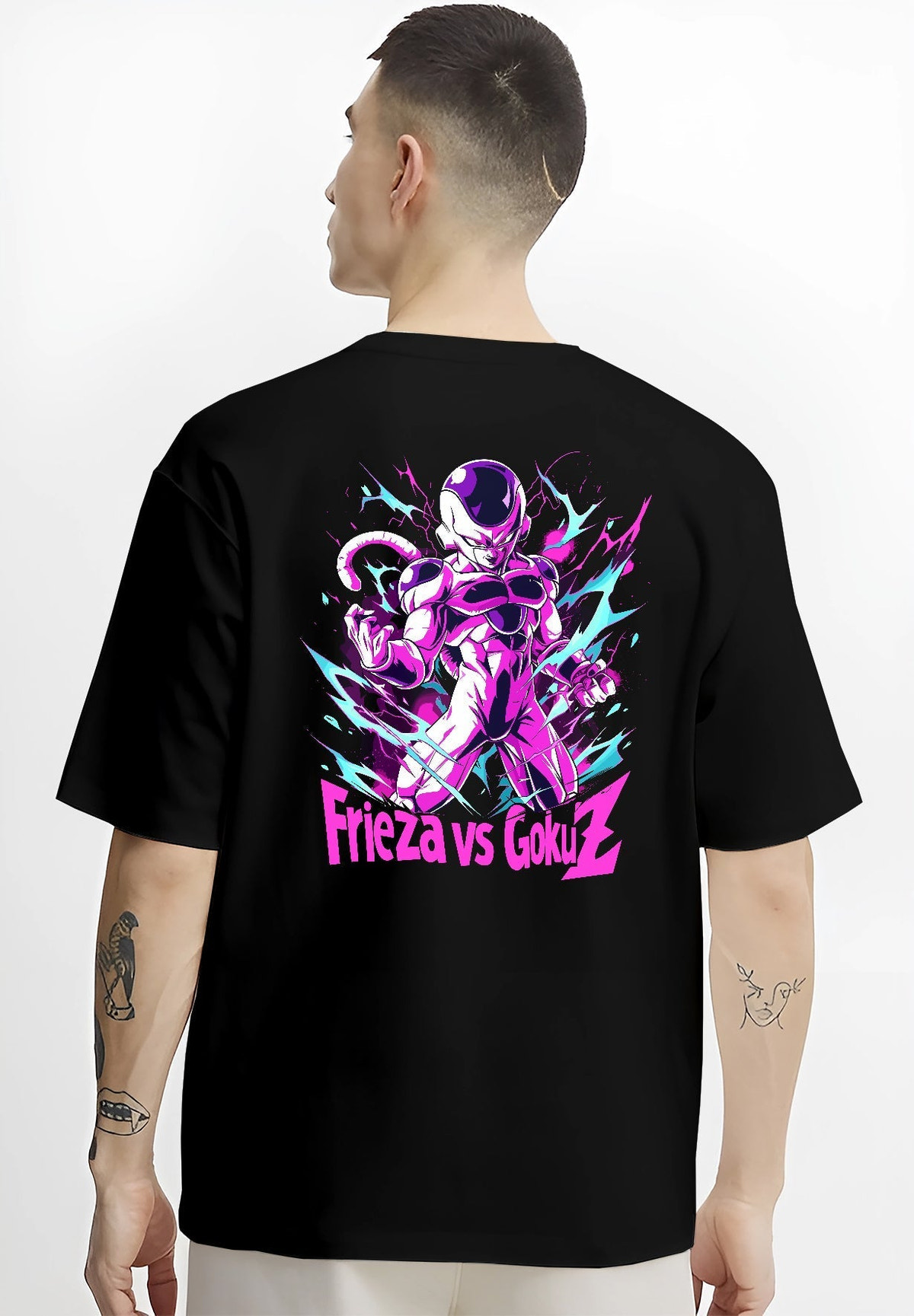 Black T-shirt worn by a male model, back view, featuring Frieza Dragon Ball Z anime poster inspired artwork with vibrant purple aura and iconic villain pose.