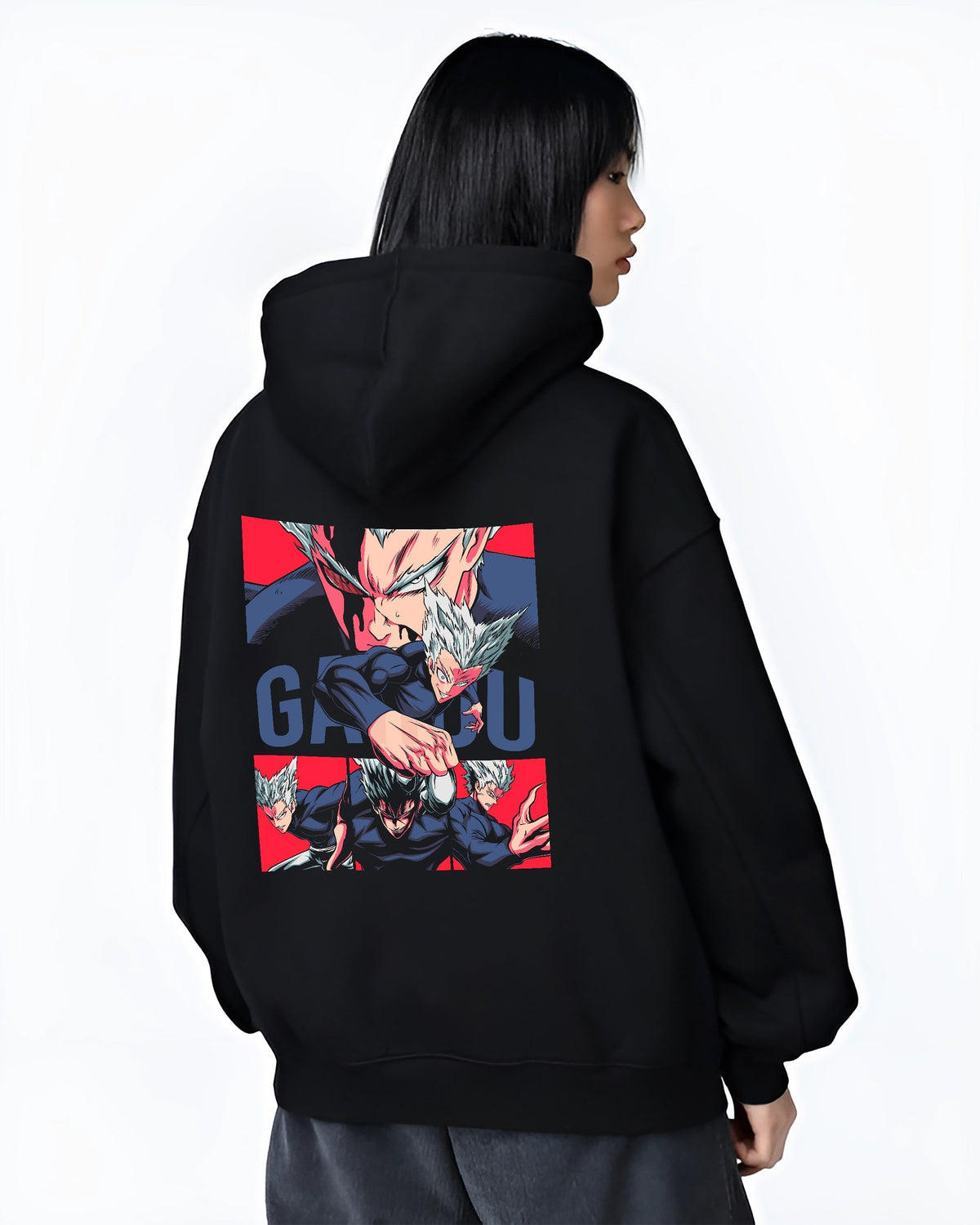 Black hoodie on female model, back view, Garou One Punch Man dark manga panel design with red poster blocks and dynamic poses.