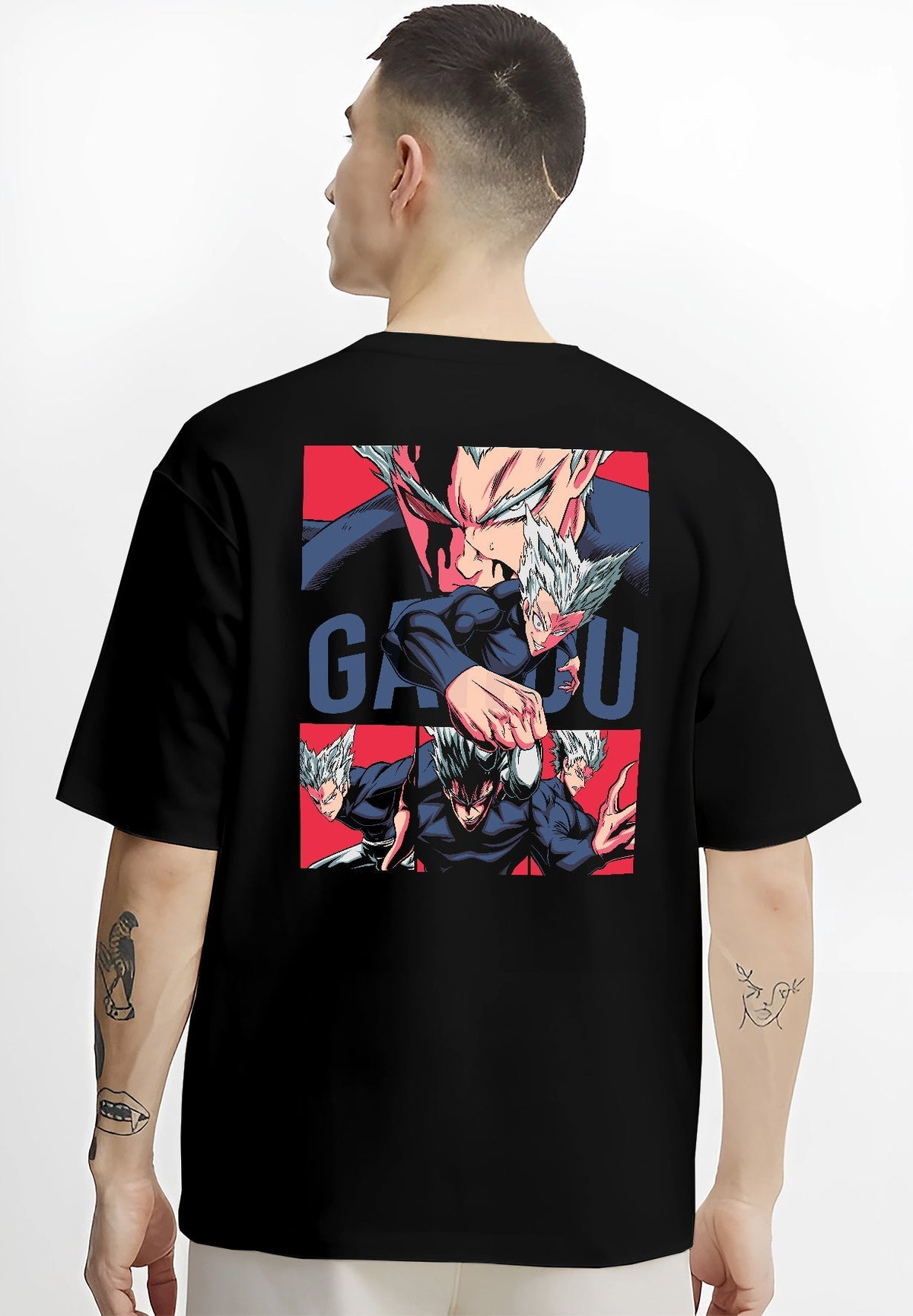 Black T-shirt on male model, back view, Garou retro manga collage with red panels and action pose details.