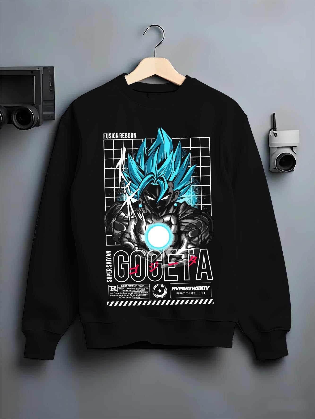 Black crewneck sweatshirt on hanger against grey wall, featuring Gogeta Super Saiyan Blue anime poster back graphic with grid elements.