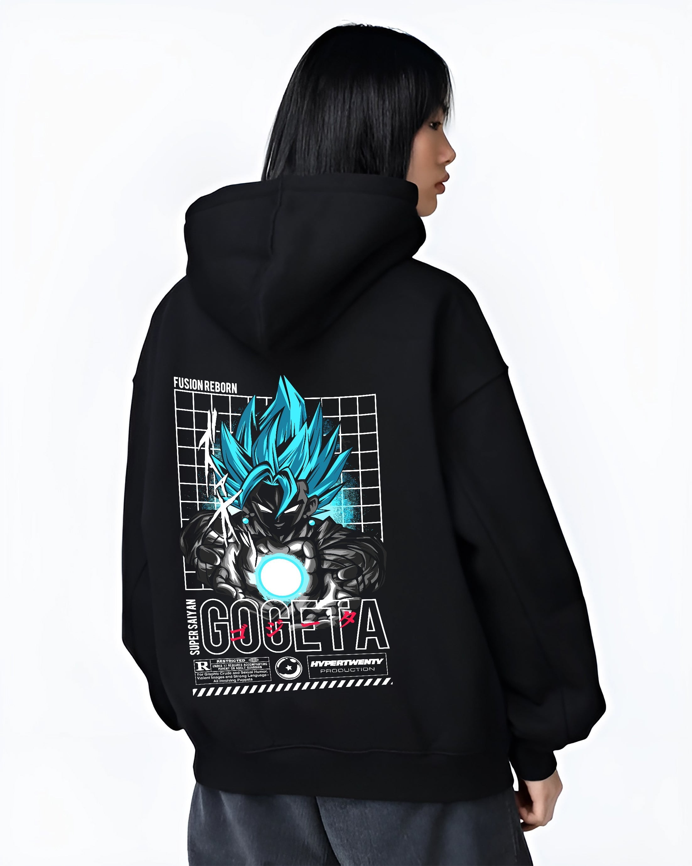Black hoodie on female model, back view, featuring Gogeta Super Saiyan Blue retro manga back graphic and bold grid typography.