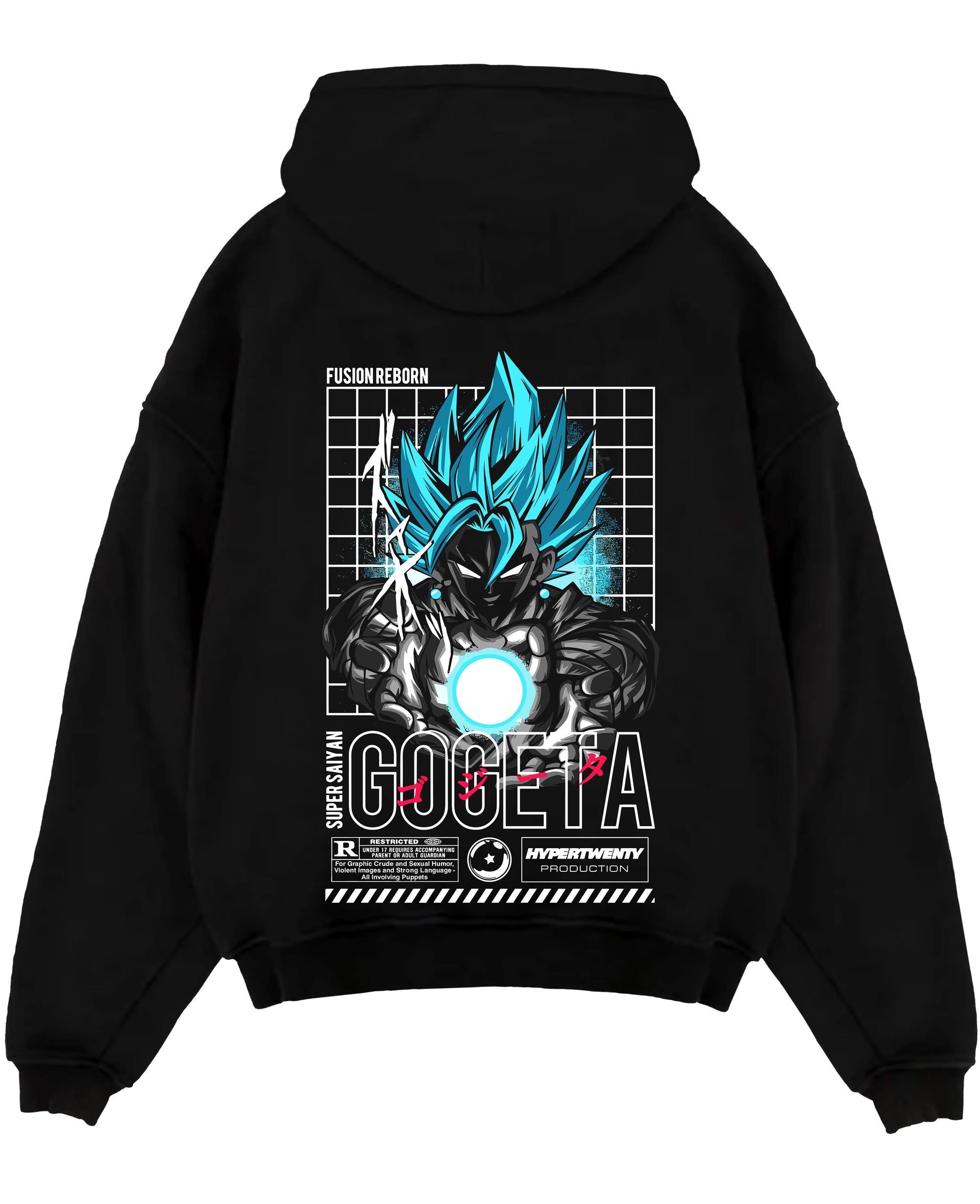 Black pullover hoodie laid flat, featuring Gogeta Super Saiyan Blue energy blast retro manga back graphic with grid accents.