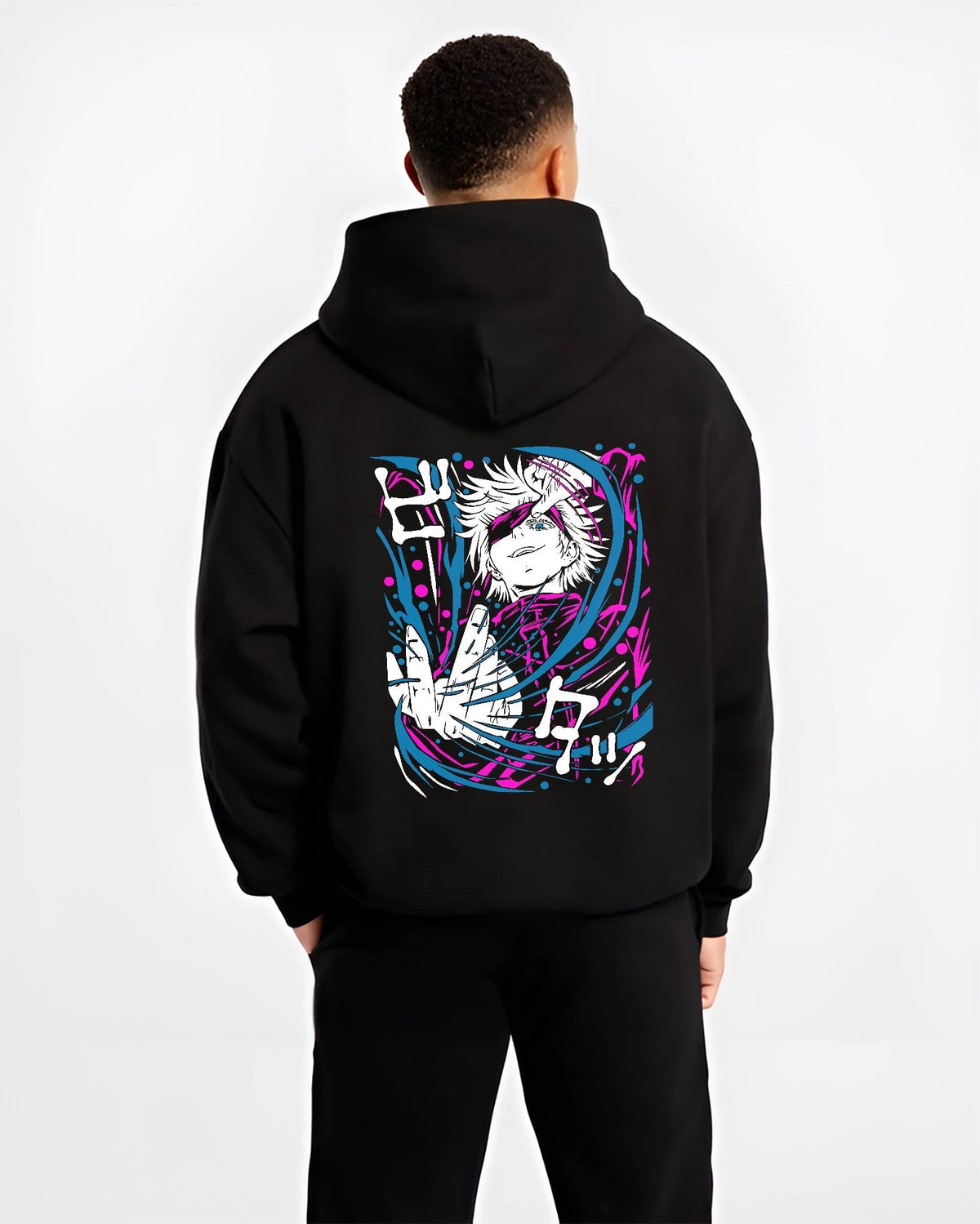 Black hoodie on male model, back view, Gojo blindfolded anime poster design with neon pink and cyan motion strokes.