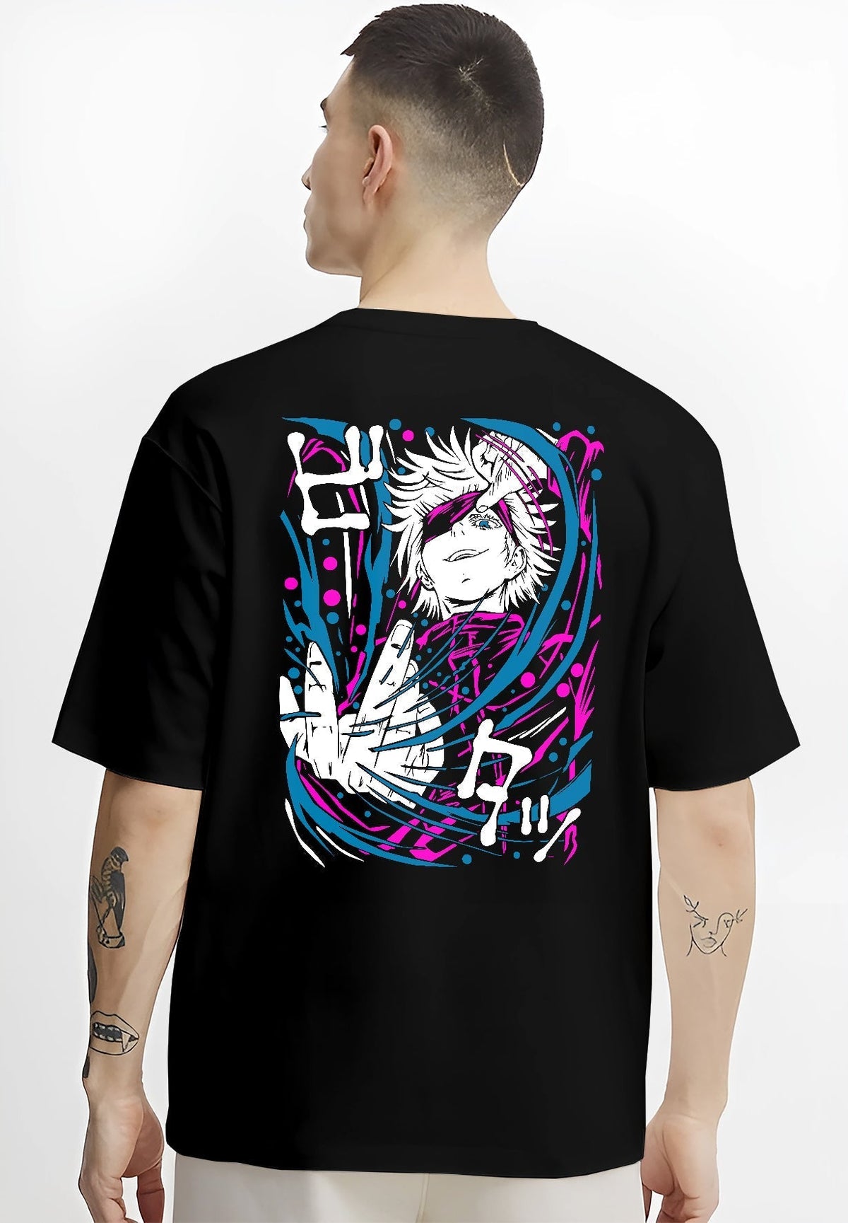 Black T-shirt on male model, back view, Gojo Jujutsu Kaisen neon manga artwork with sweeping pink and cyan effects.