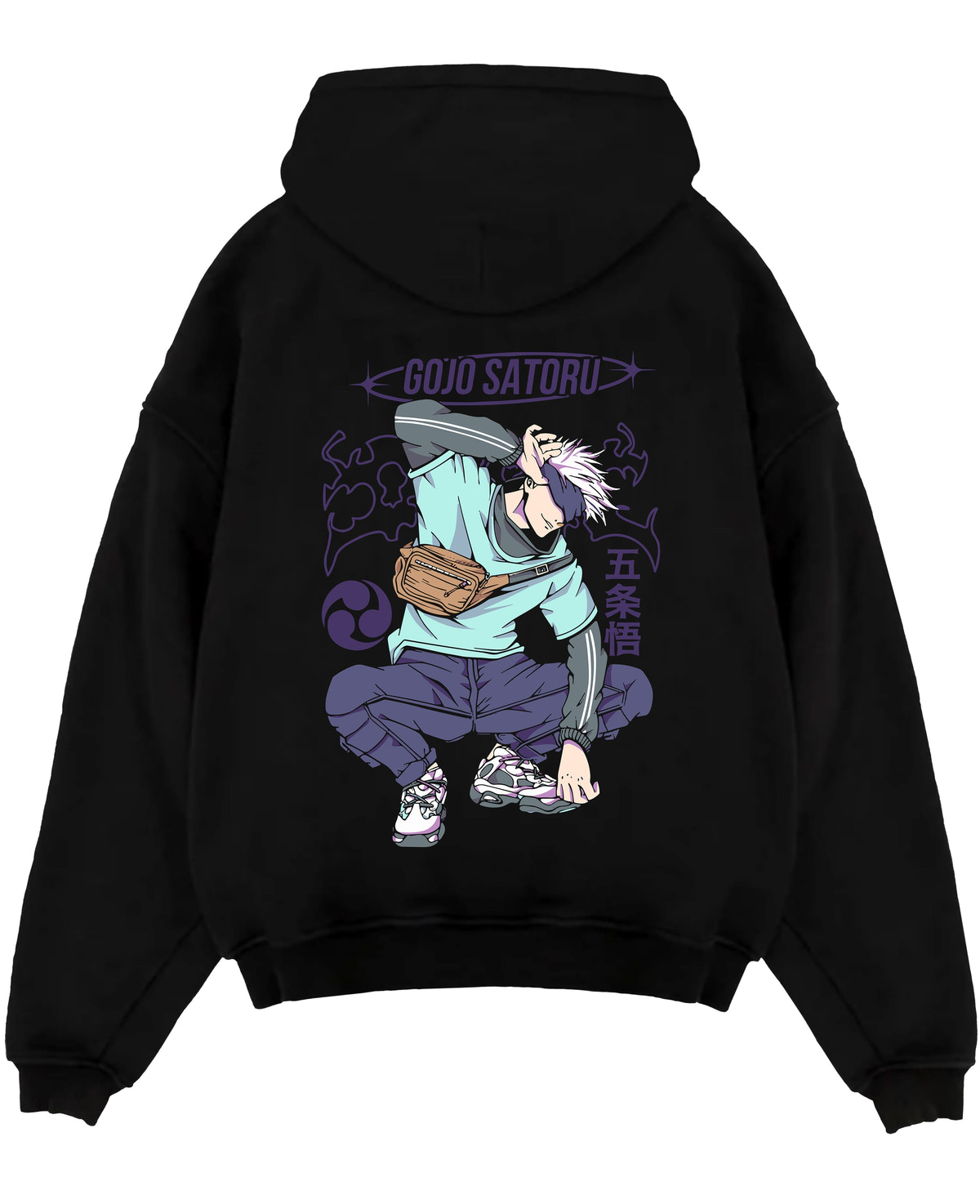 Black pullover hoodie laid flat on white, featuring Gojo Satoru crouched pose, retro manga graphic with purple accents and urban streetwear vibe.