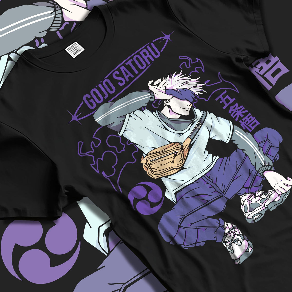 Black T-shirt laid flat with natural folds, featuring Gojo Satoru retro manga graphic, purple accents, icon motif and casual urban streetwear feel.