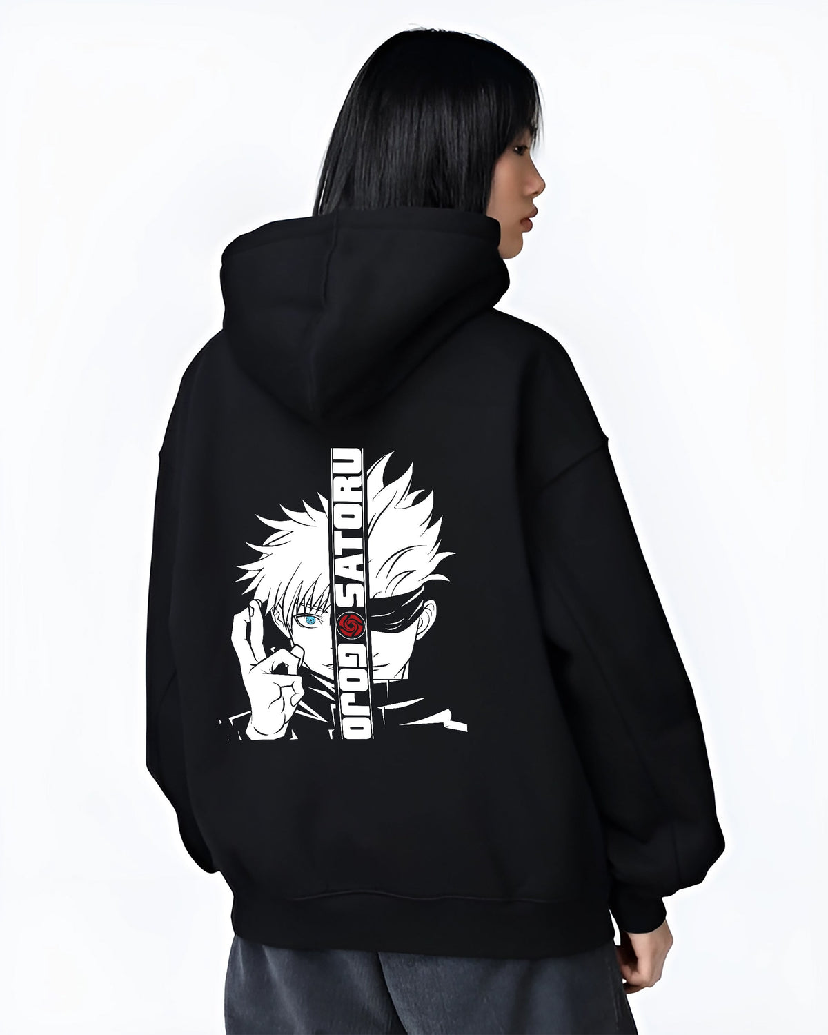 Black hoodie on female model, back view, featuring Gojo Satoru split design with vertical text, anime poster inspired, bold teal-magenta lines.