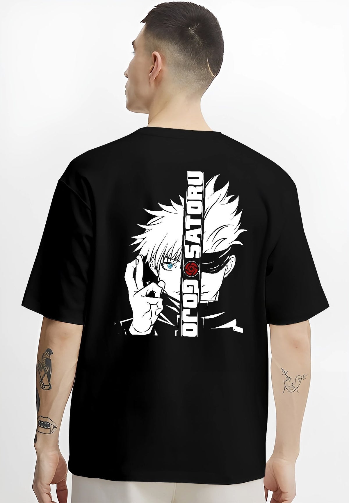 Black T-shirt on male model, back view, featuring Gojo Satoru split portrait Japanese animation streetwear graphic with striking blue eye.