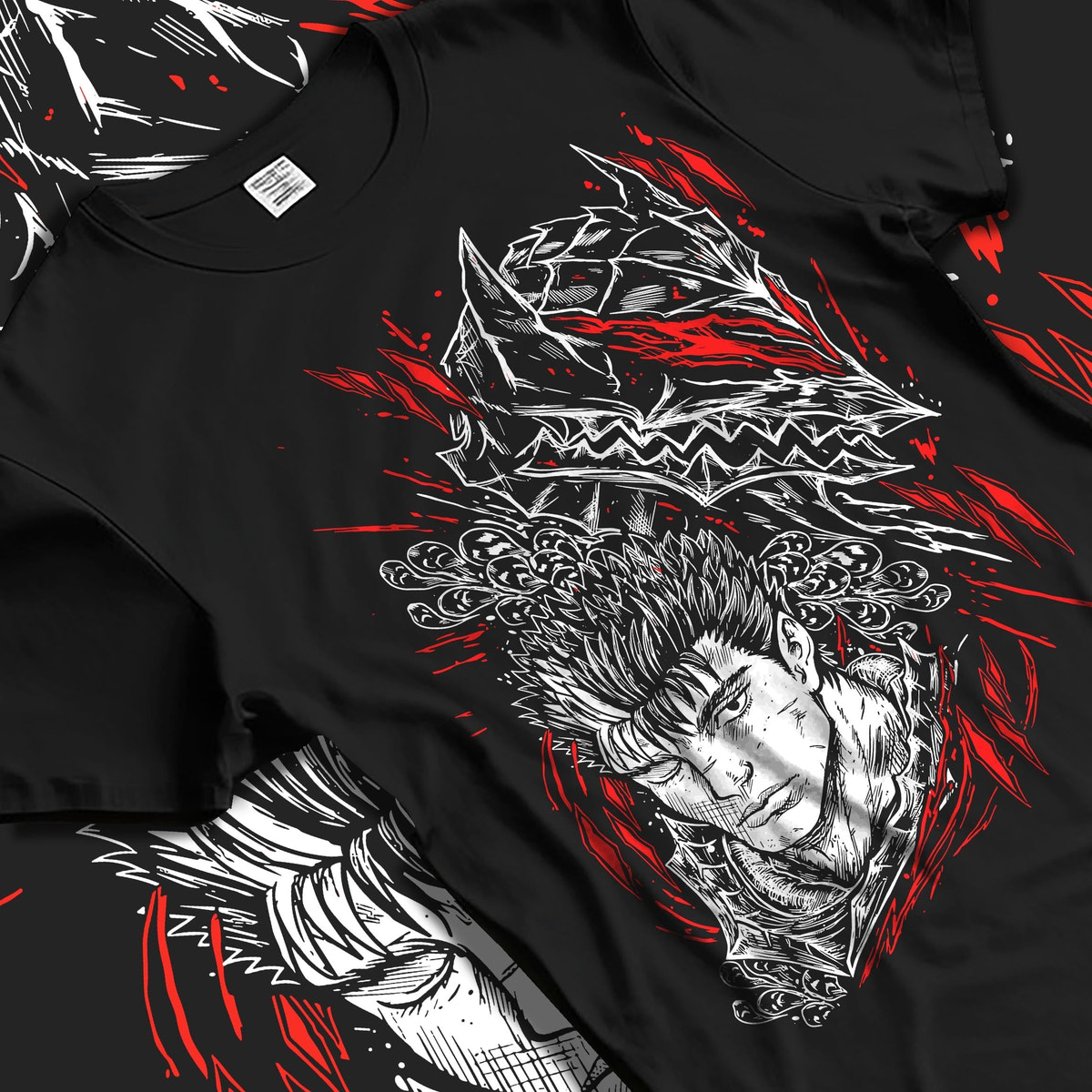 Black T-shirt laid flat with natural fabric folds, featuring Guts Berserk retro manga graphic artwork with anime poster inspired bold red highlights.