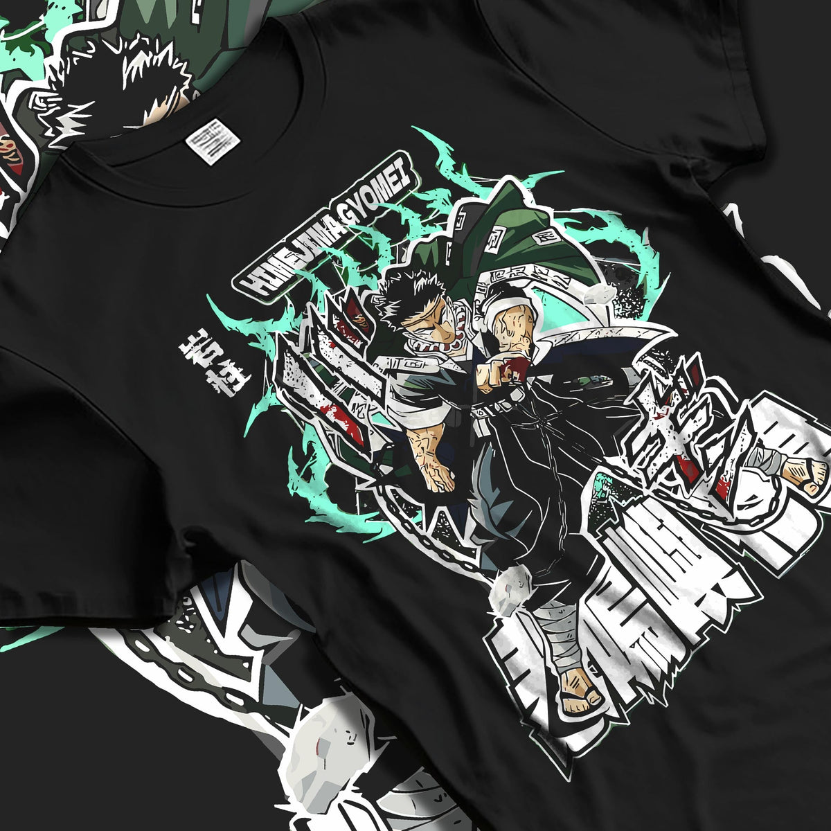 Black T-shirt laid flat with natural fabric folds, featuring Himejima Demon Slayer retro manga panel artwork with strong pose surrounded by glowing green energy aura.
