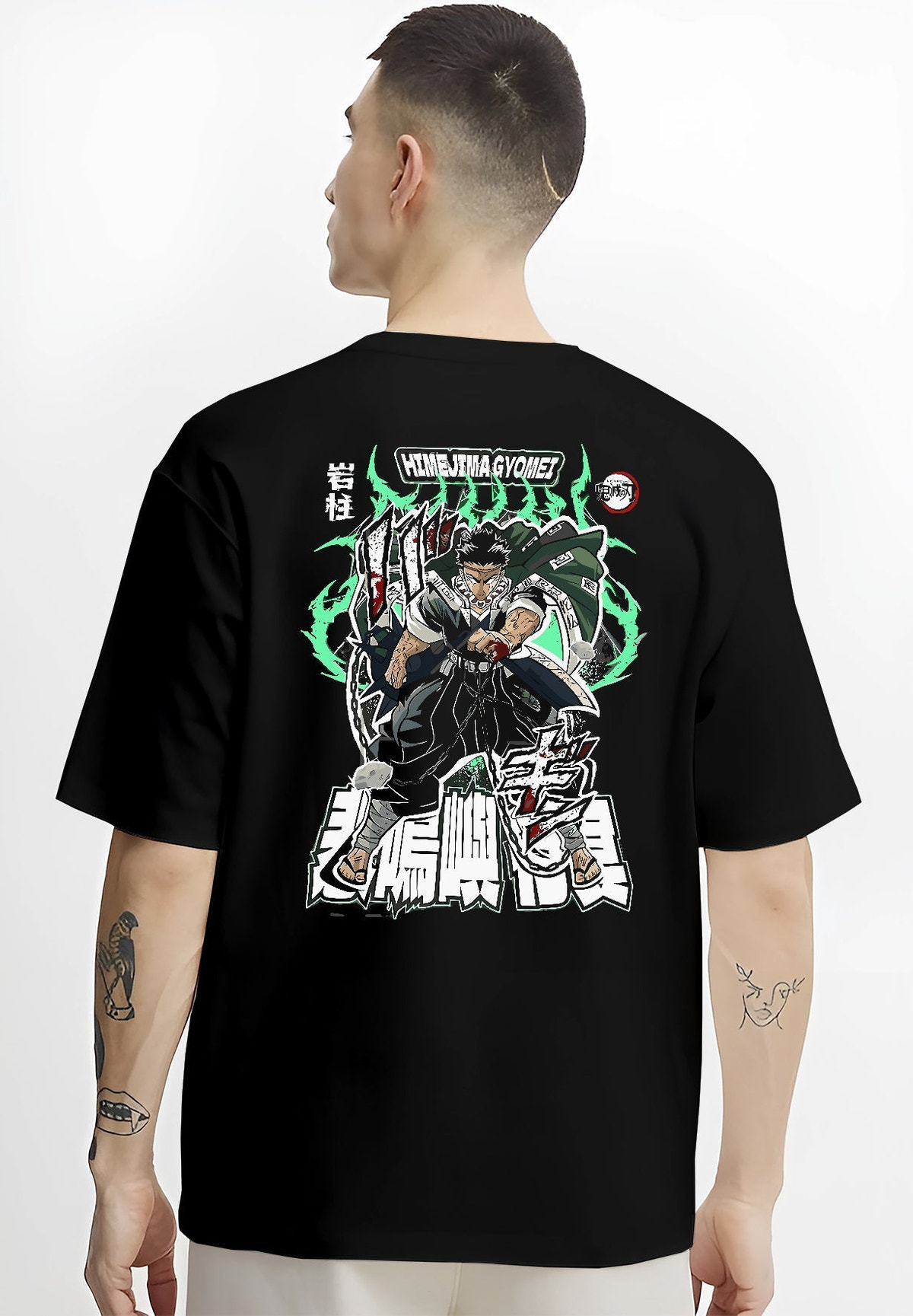 Black T-shirt worn by a male model, back view, featuring Himejima Demon Slayer anime poster inspired design with fierce stance, green aura, and retro manga styling.