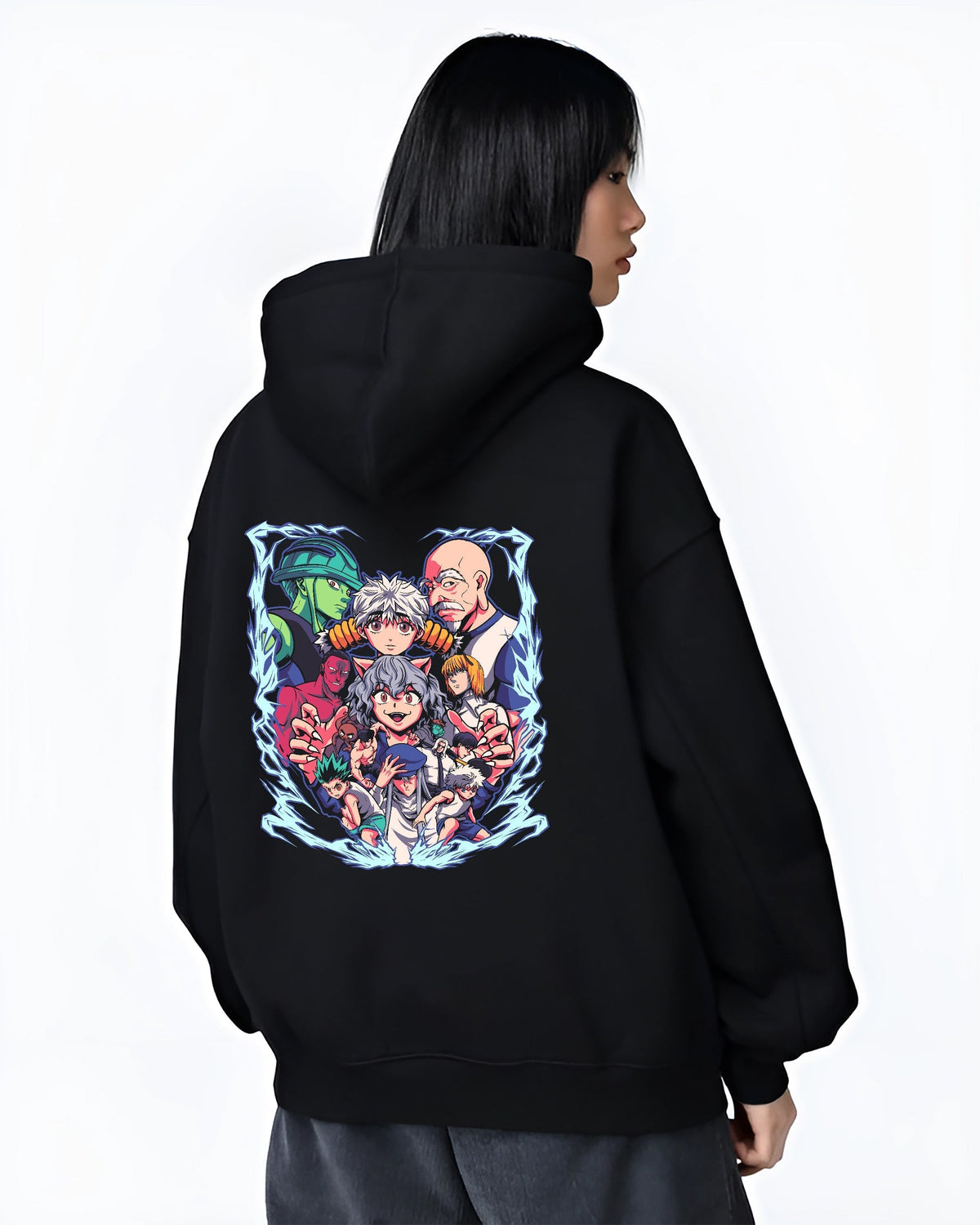 Black T-shirt on male model, back view, Hunter x Hunter collage graphic featuring Gon and Killua with electric aura frame.