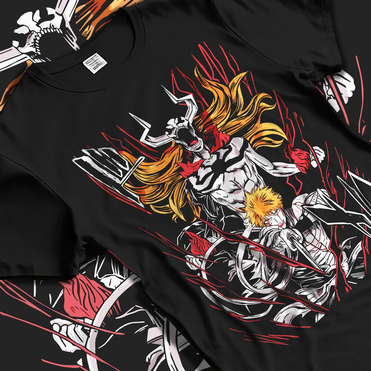 Black T-shirt laid flat with natural fabric folds, featuring Ichigo Bleach retro manga battle artwork with hollow transformation aura and Japanese animation style.