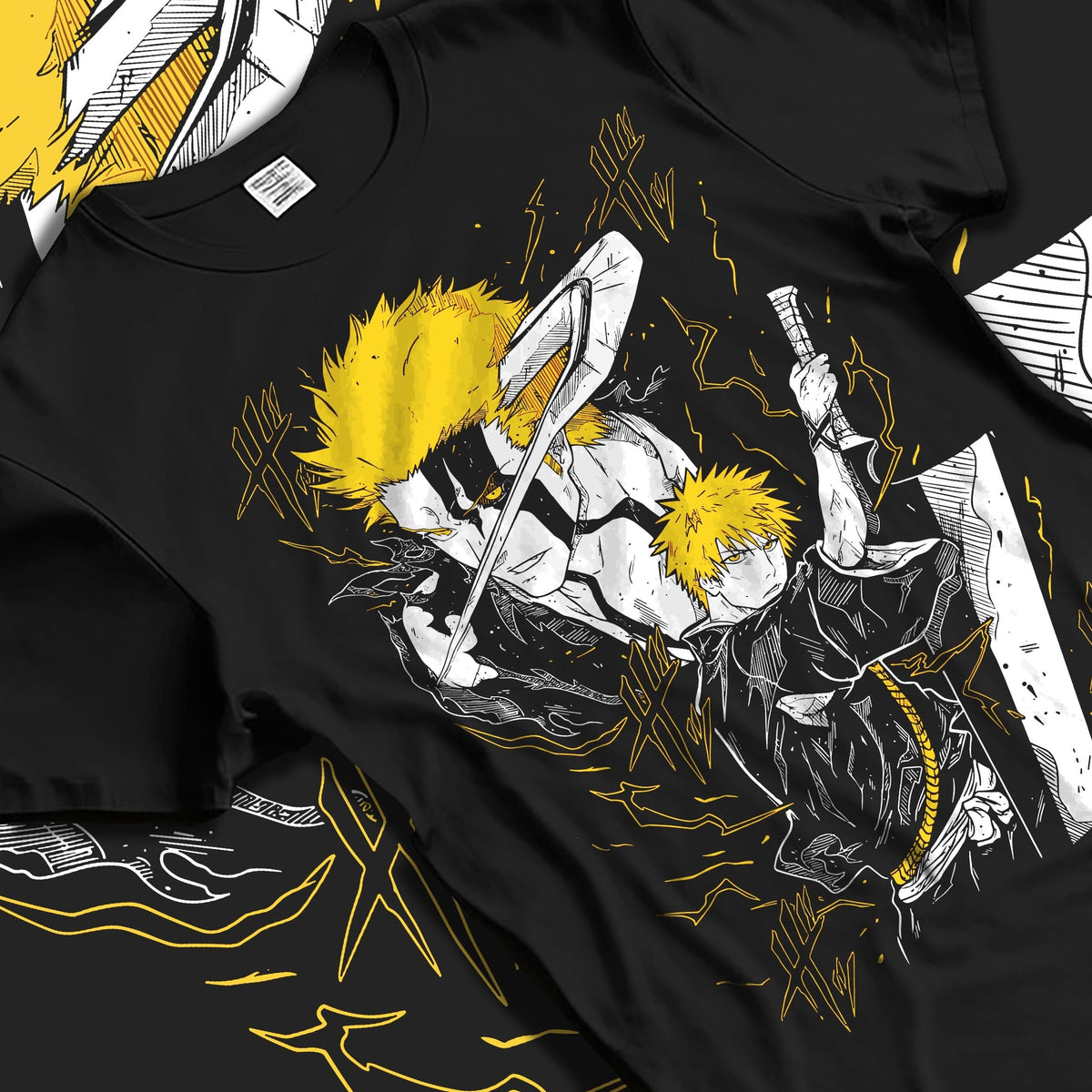 Black T-shirt laid flat with natural fabric folds, featuring Ichigo Bleach retro manga graphic artwork in anime poster style with vivid orange highlights.